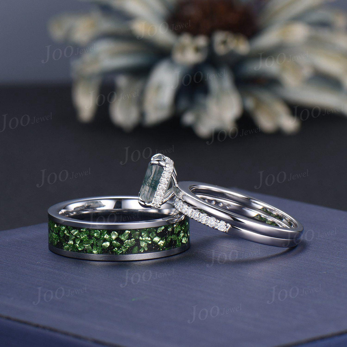2ct Emerald Cut Moss Agate Couple Ring Set Sterling Silver Vintage Hidden Halo Moss Agate Engagement Ring Promise Anniversary Matching Rings