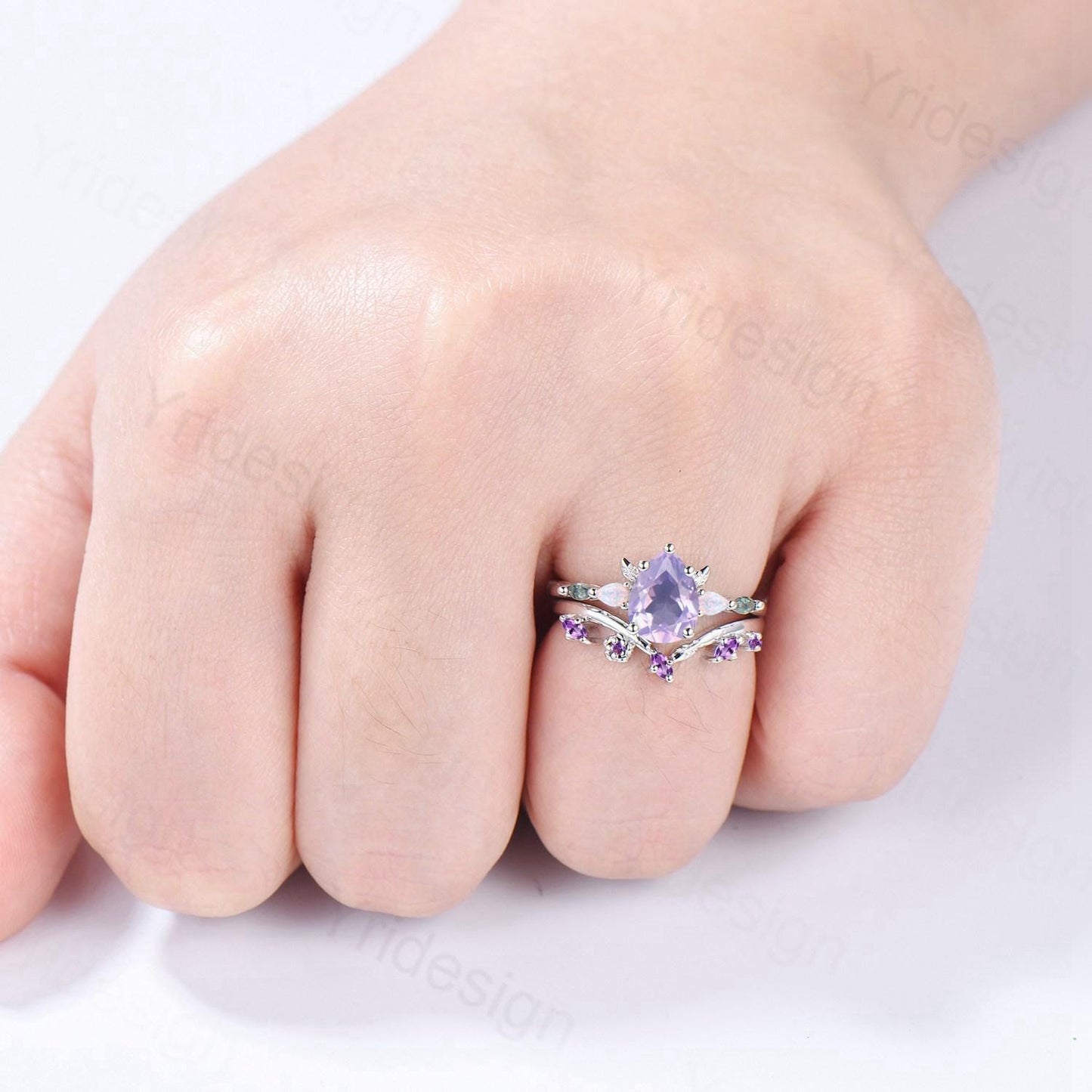 Natural pear cut Lavender Amethyst engagement ring set Unique moss agate opal wedding set Leaf Flower Nature inspired amethyst stacking band