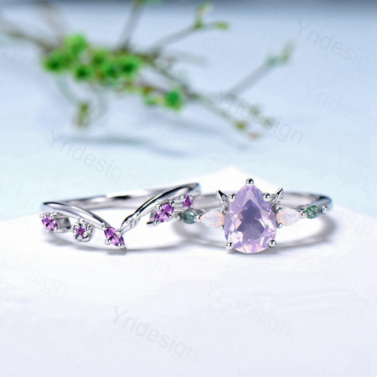 Natural pear cut Lavender Amethyst engagement ring set Unique moss agate opal wedding set Leaf Flower Nature inspired amethyst stacking band