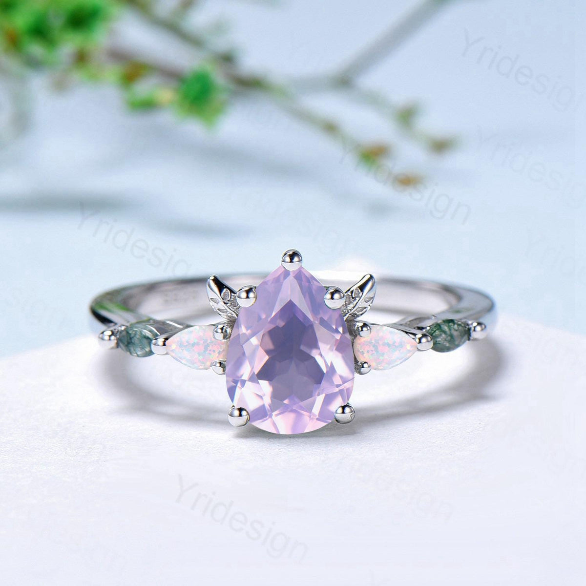 Natural pear cut Lavender Amethyst engagement ring set Unique moss agate opal wedding set Leaf Flower Nature inspired amethyst stacking band