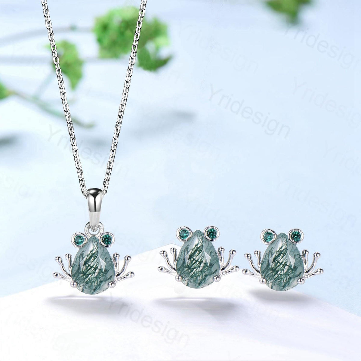 Unique Pear Shaped Natural Moss Agate Frog Necklace Animal Inspired Frog Green Agate Earring Silver Rose Gold Amphibian Jewelry Wedding Set