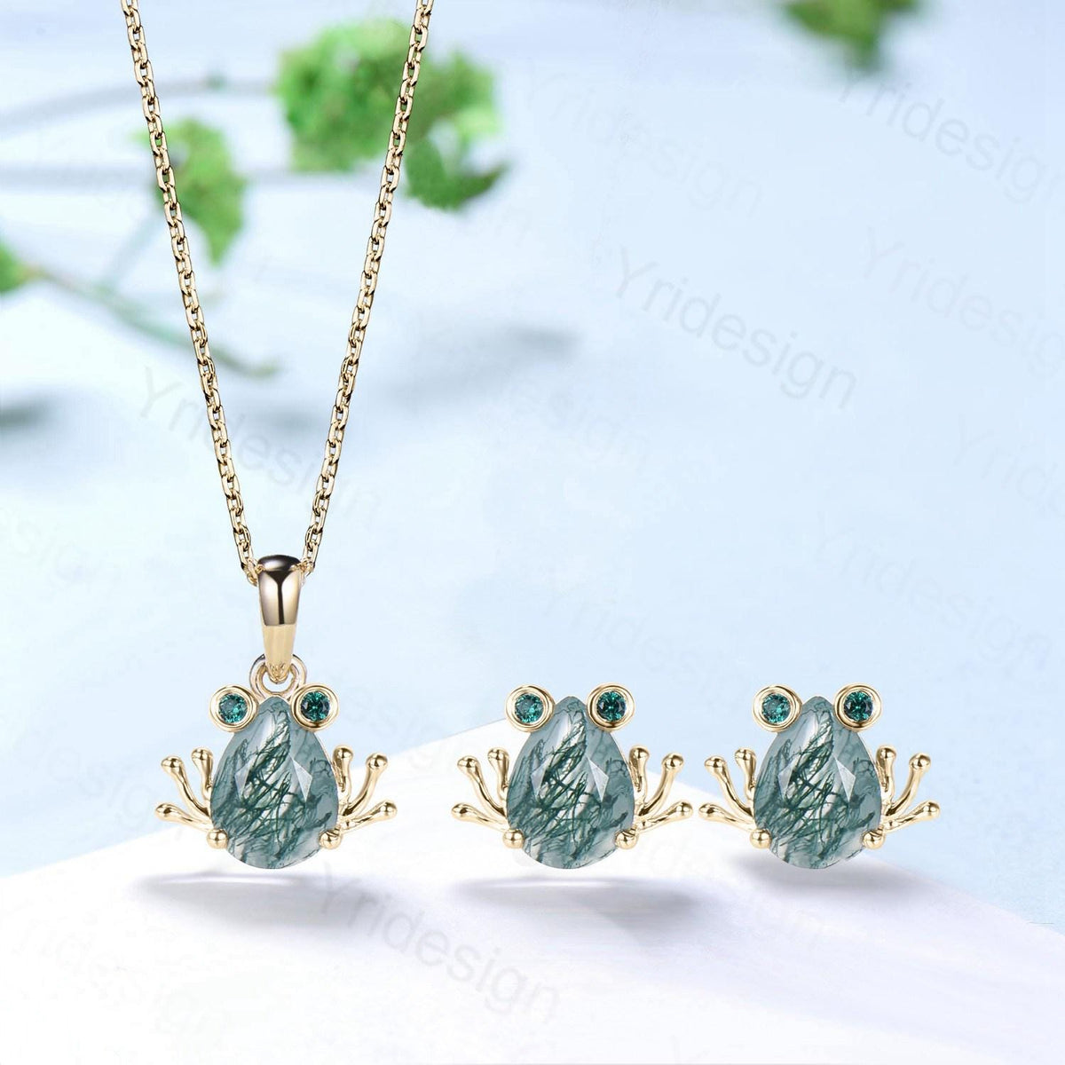 Unique Pear Shaped Natural Moss Agate Frog Necklace Animal Inspired Frog Green Agate Earring Silver Rose Gold Amphibian Jewelry Wedding Set