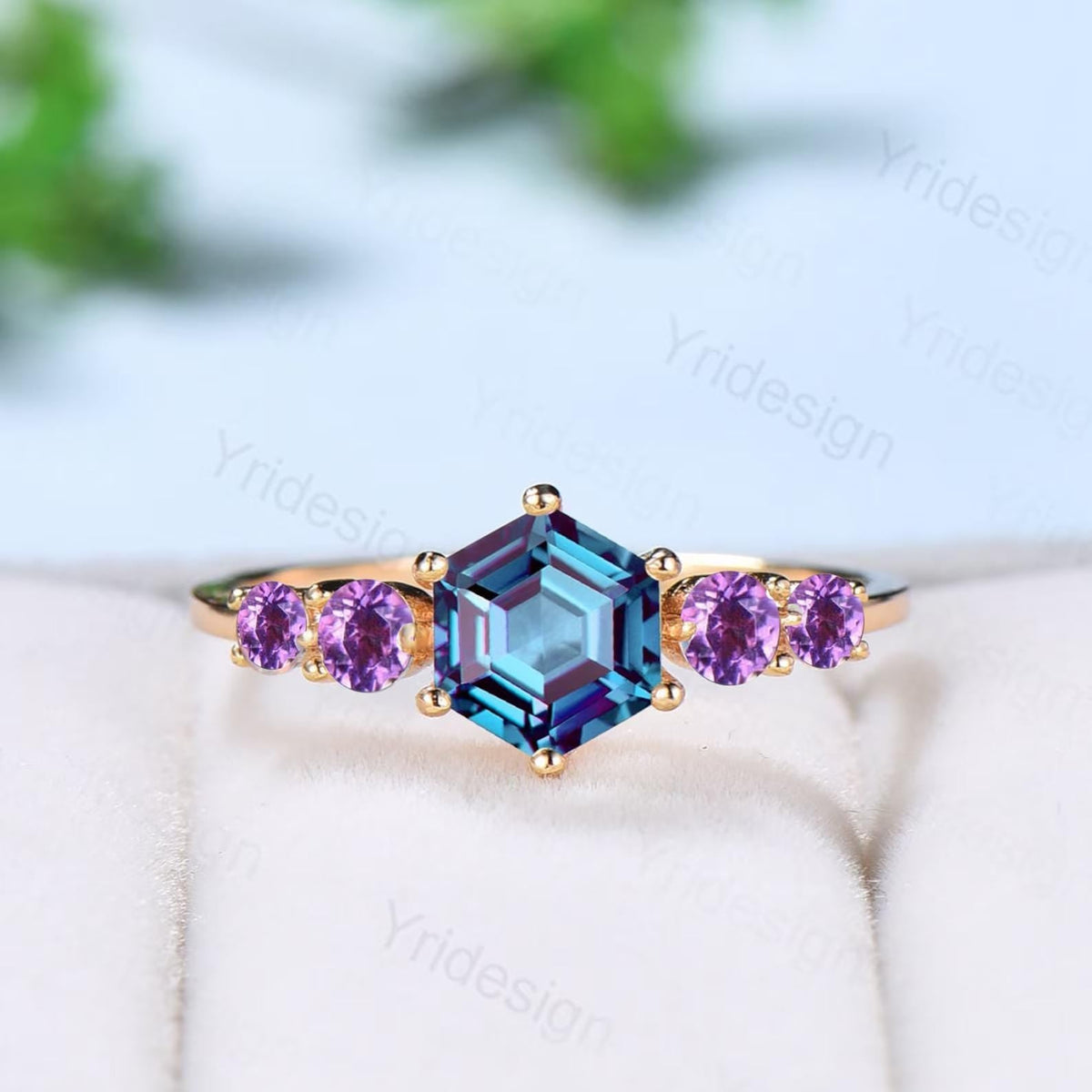 Vintage Alexandrite Engagement Ring Hexagon Cut Five Stone Promise Ring Accent Moss Agate/Emerald/Ruby/Amethyst/Opal Moonstone Bridal Ring