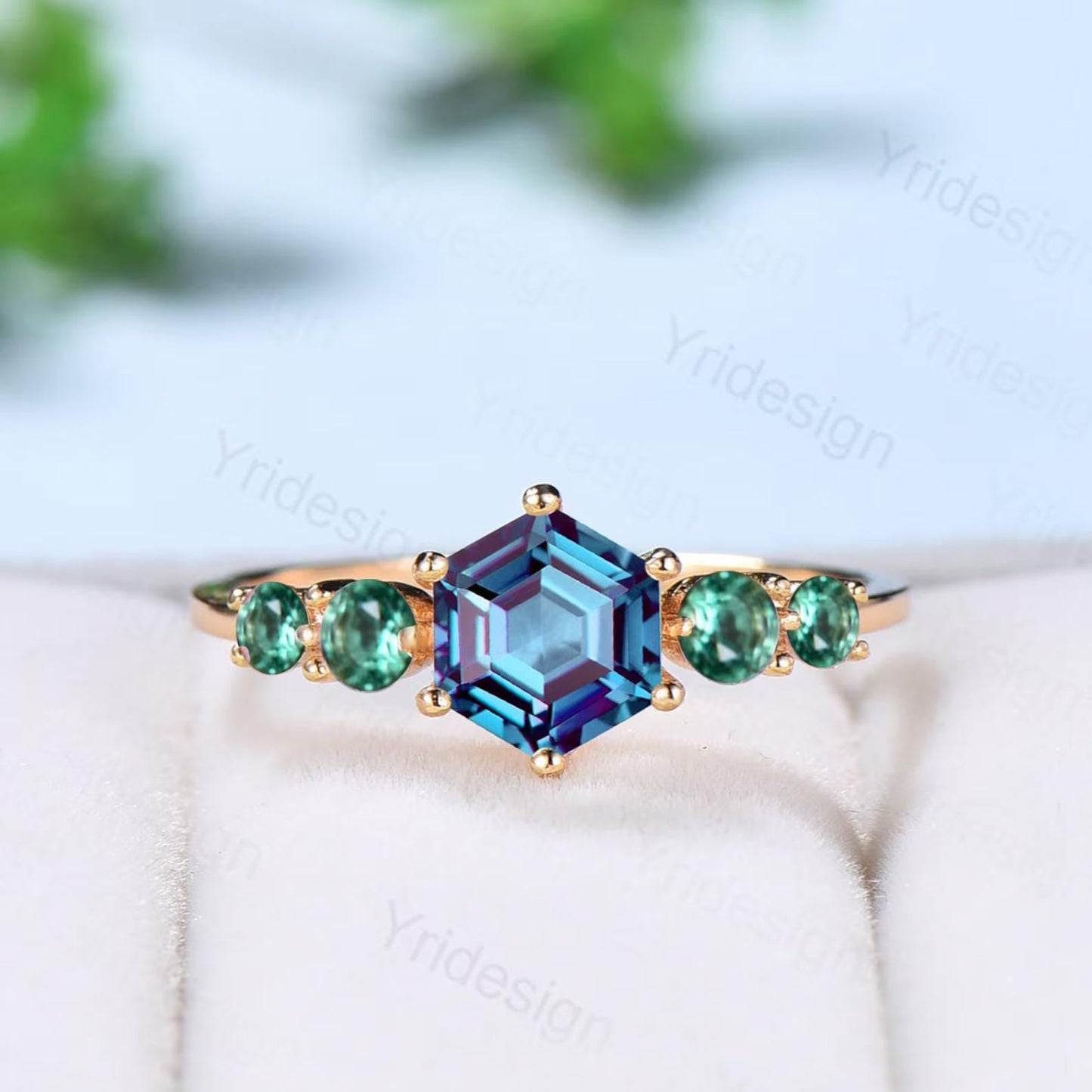 Vintage Alexandrite Engagement Ring Hexagon Cut Five Stone Promise Ring Accent Moss Agate/Emerald/Ruby/Amethyst/Opal Moonstone Bridal Ring