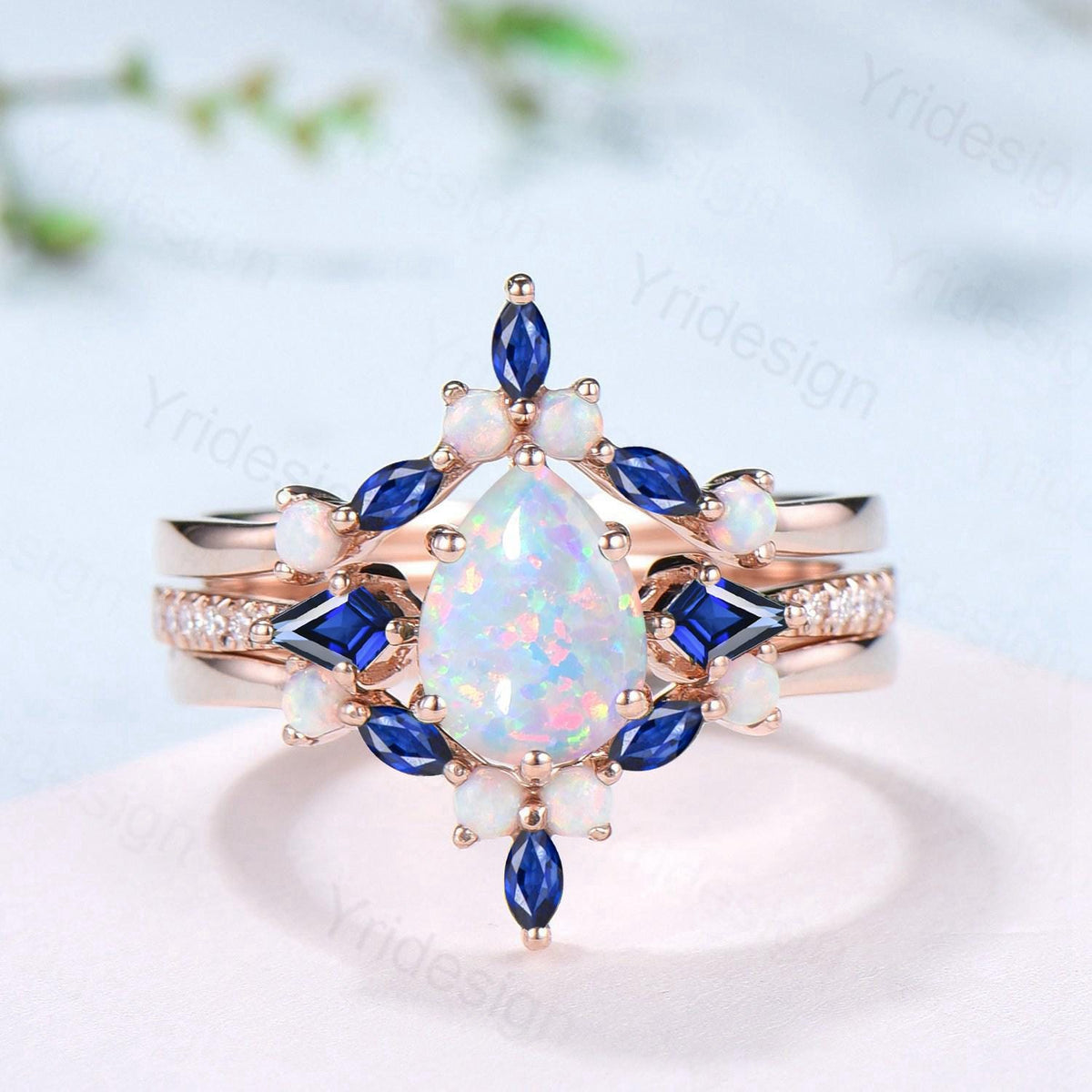 Vintage Teardrop White Opal Engagement Ring Set Kite Sapphire Opal Wedding Set Marquise Cut Stacking Band Unique 3Pcs Rose Gold Bridal Sets