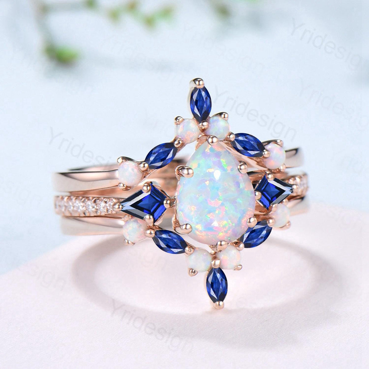 Vintage Teardrop White Opal Engagement Ring Set Kite Sapphire Opal Wedding Set Marquise Cut Stacking Band Unique 3Pcs Rose Gold Bridal Sets
