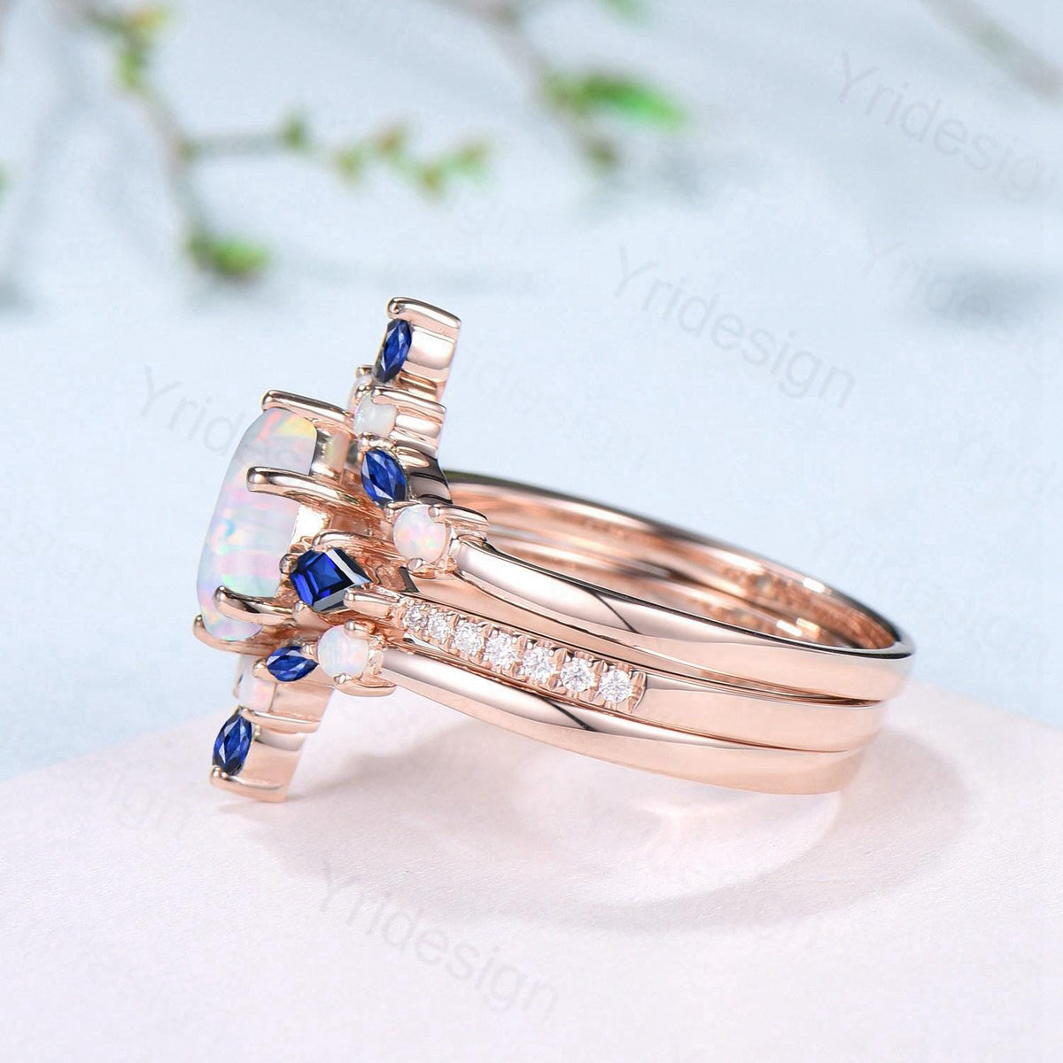 Vintage Teardrop White Opal Engagement Ring Set Kite Sapphire Opal Wedding Set Marquise Cut Stacking Band Unique 3Pcs Rose Gold Bridal Sets