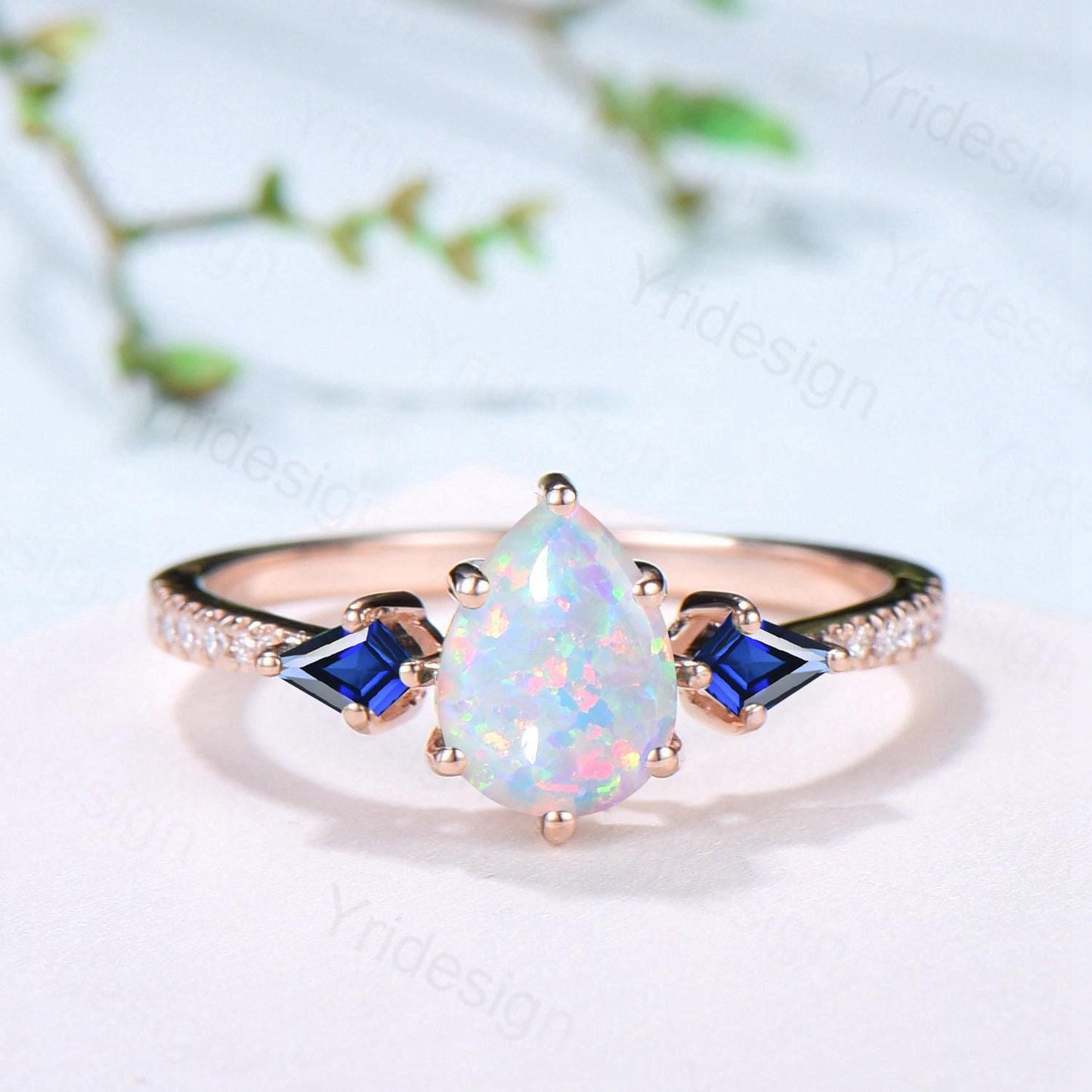 Vintage Teardrop White Opal Engagement Ring Set Kite Sapphire Opal Wedding Set Marquise Cut Stacking Band Unique 3Pcs Rose Gold Bridal Sets