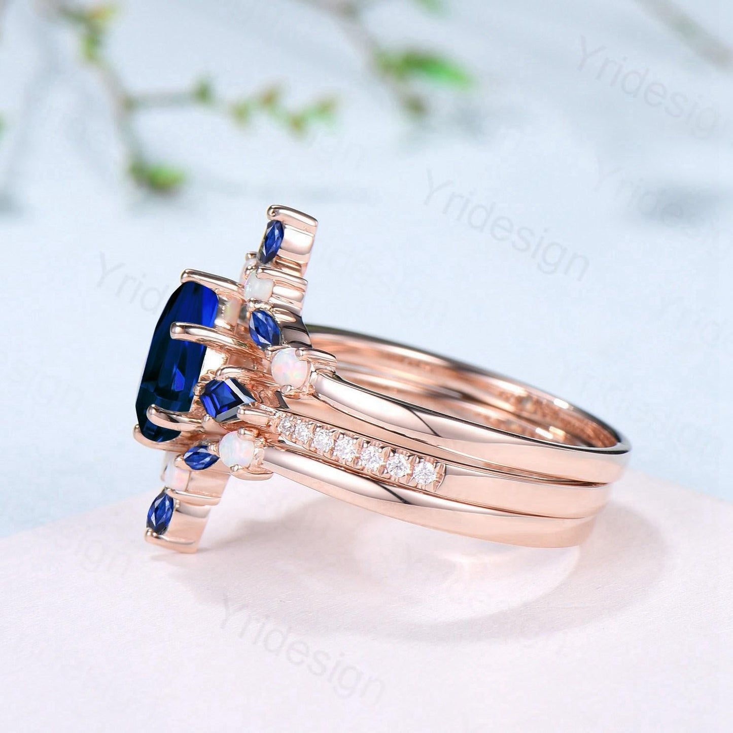 1.25 Carat Pear Shaped Blue Sapphire Engagement Ring Set Opal Retro Sapphire Wedding Set Unique Rose Gold September Birthstone Bridal Sets