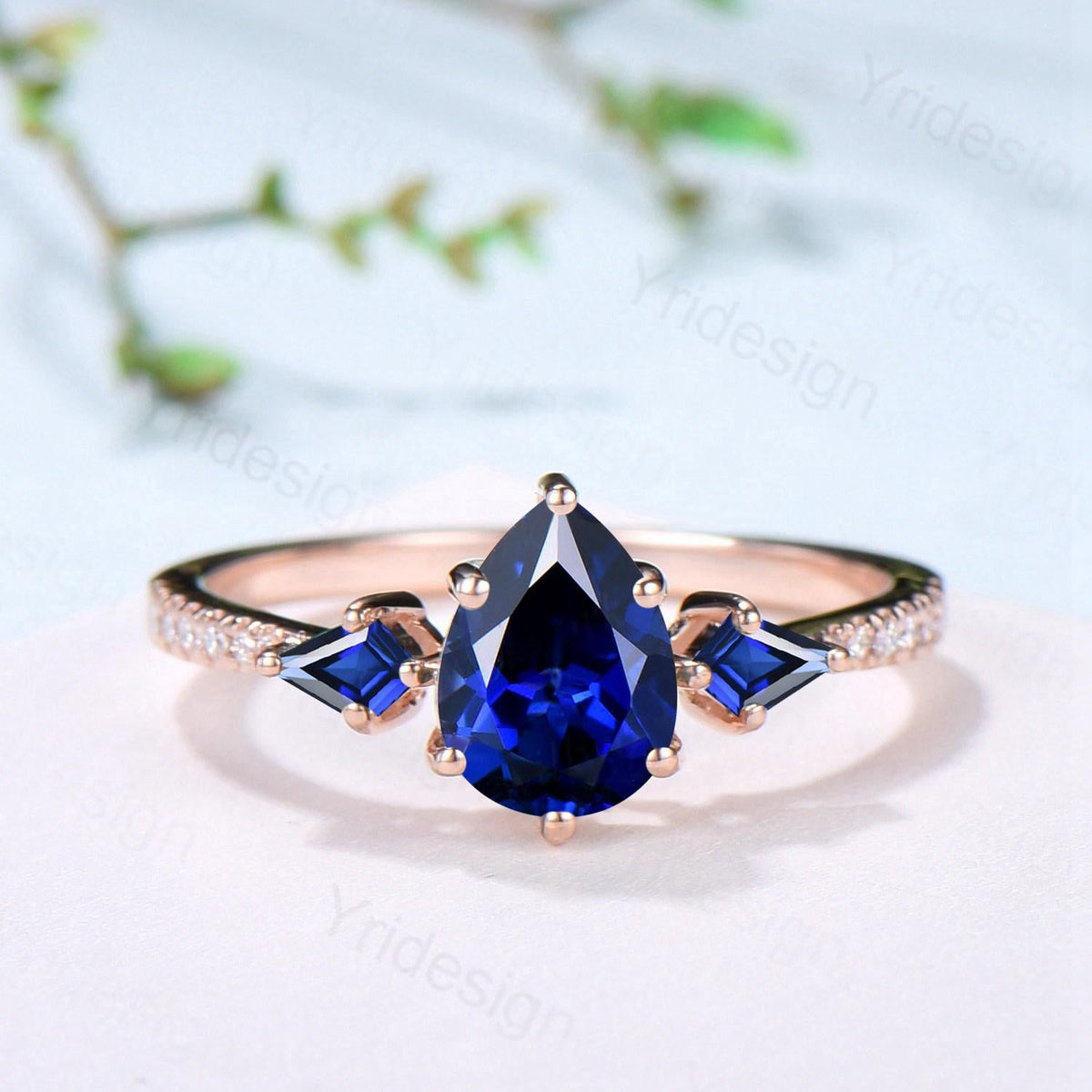 1.25 Carat Pear Shaped Blue Sapphire Engagement Ring Set Opal Retro Sapphire Wedding Set Unique Rose Gold September Birthstone Bridal Sets
