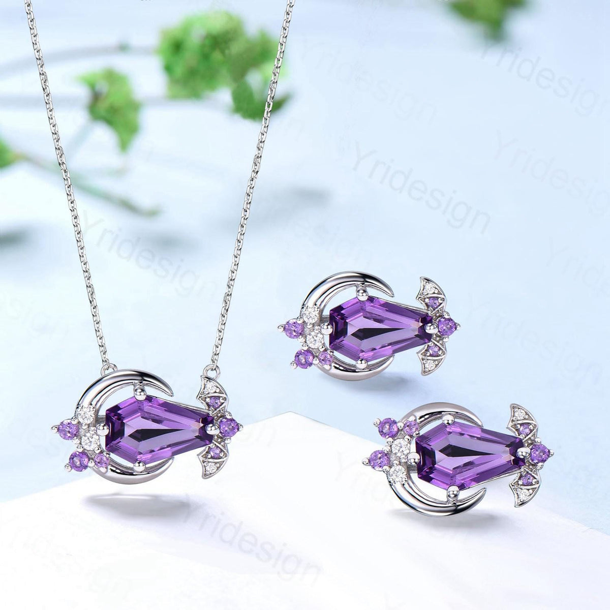 Unique Bat Jewelry Coffin Shape Amethyst Necklace Pendant Gothic Purple Amethyst Earring Silver Rose Gold Amphibian Wedding Set for Daughter