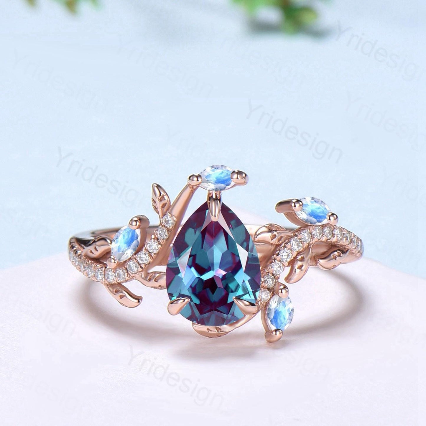Vintage Pear Shaped Alexandrite Engagement Ring Set Nature Inspired Snake Wedding Set  Moonstone Bridal Set Twig Vine June Birthstone Ring