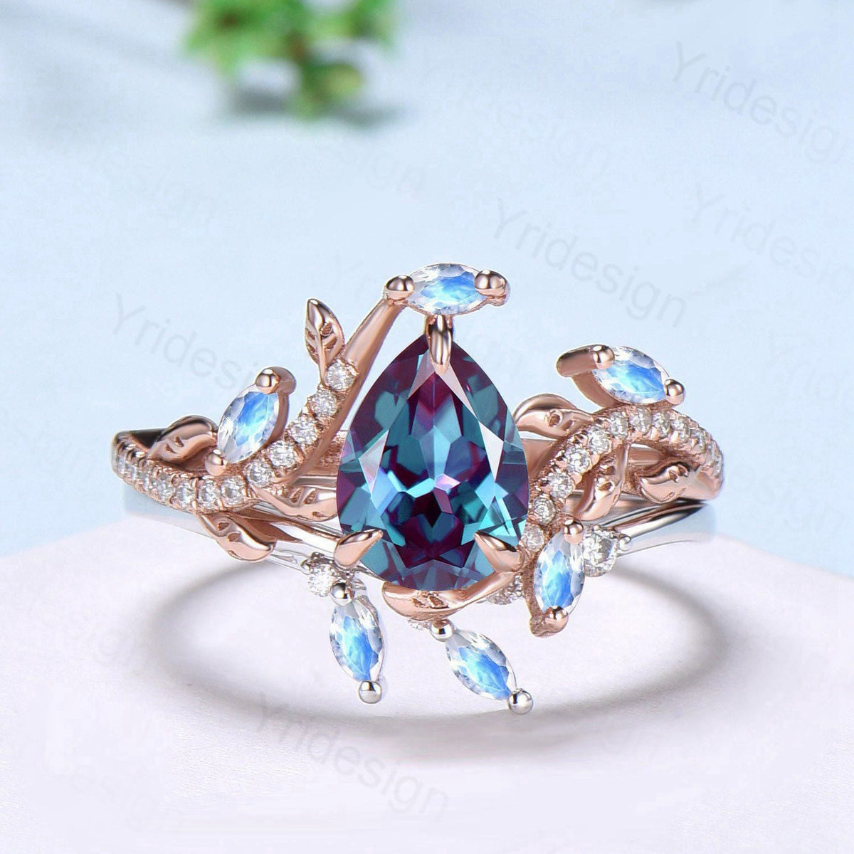Vintage Pear Shaped Alexandrite Engagement Ring Set Nature Inspired Snake Wedding Set  Moonstone Bridal Set Twig Vine June Birthstone Ring