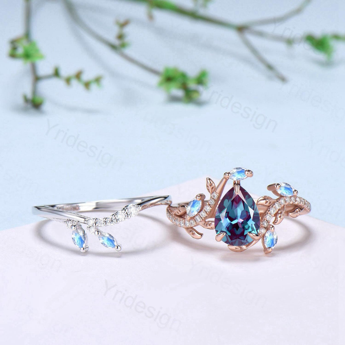 Vintage Pear Shaped Alexandrite Engagement Ring Set Nature Inspired Snake Wedding Set  Moonstone Bridal Set Twig Vine June Birthstone Ring