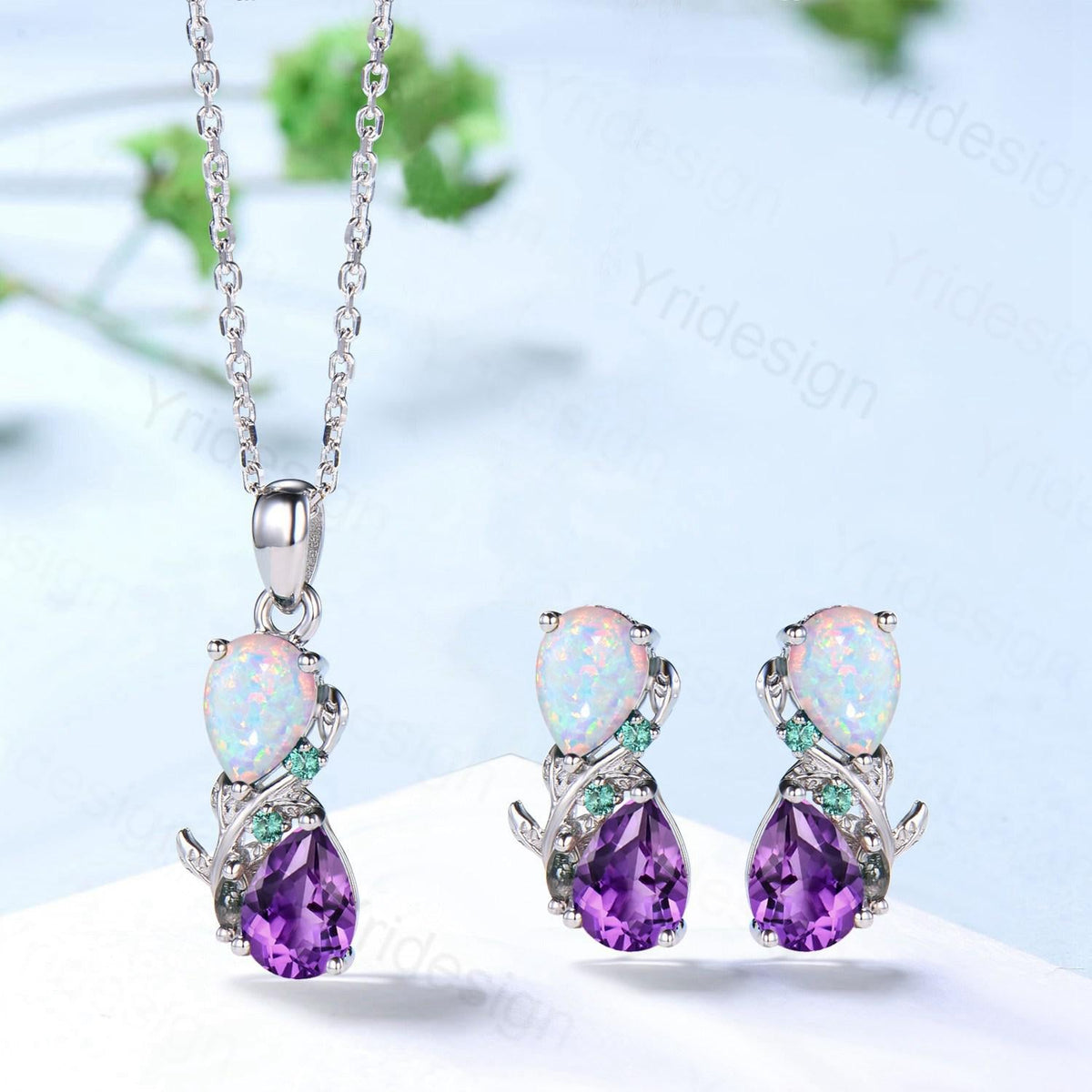Nature Inspired Opal Amethyst Pendant Necklace Women Unique Alternative Stud Earrings Branch Snake pear shaped leaf wedding set promise gift