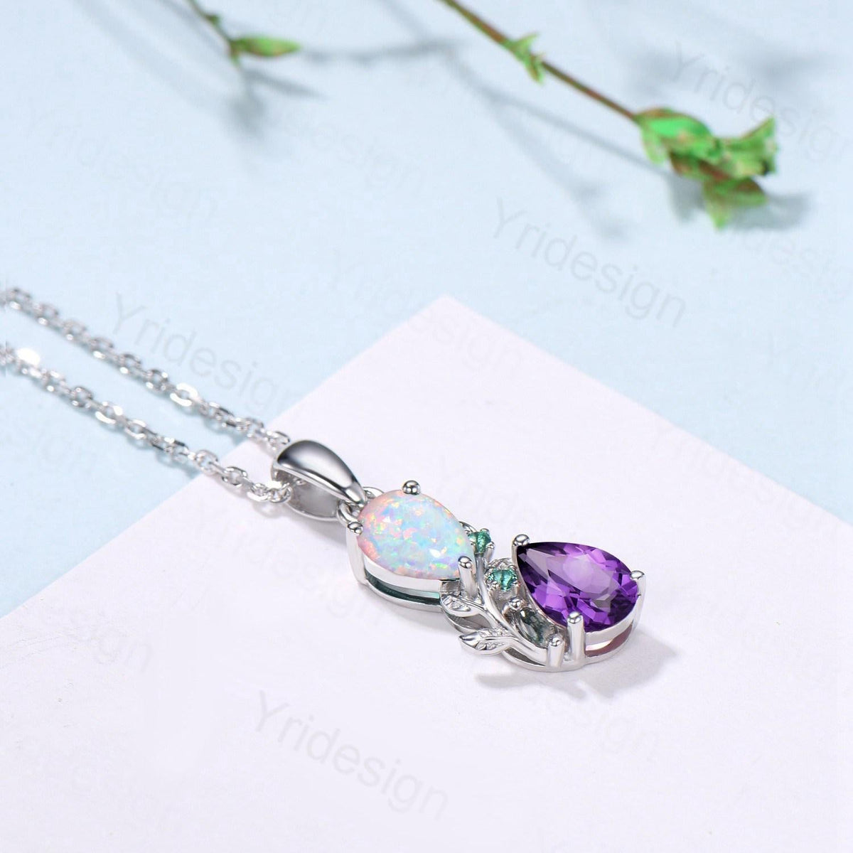 Nature Inspired Opal Amethyst Pendant Necklace Women Unique Alternative Stud Earrings Branch Snake pear shaped leaf wedding set promise gift