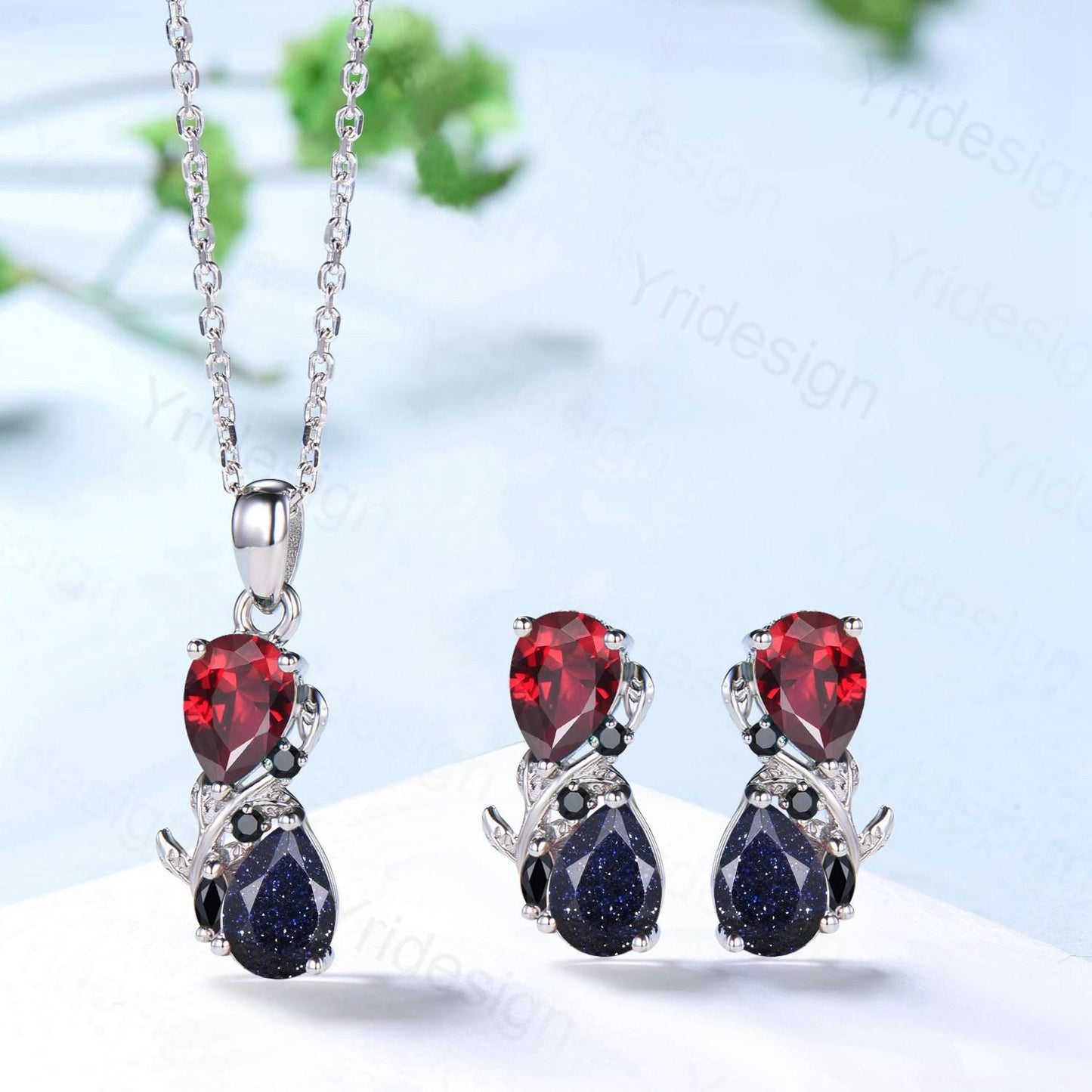 Nature Inspired Blue Sandstone Garnet Pendant Necklace Women Unique Alternative Black Onyx Stud Earrings Branch Snake pear shaped bridal set