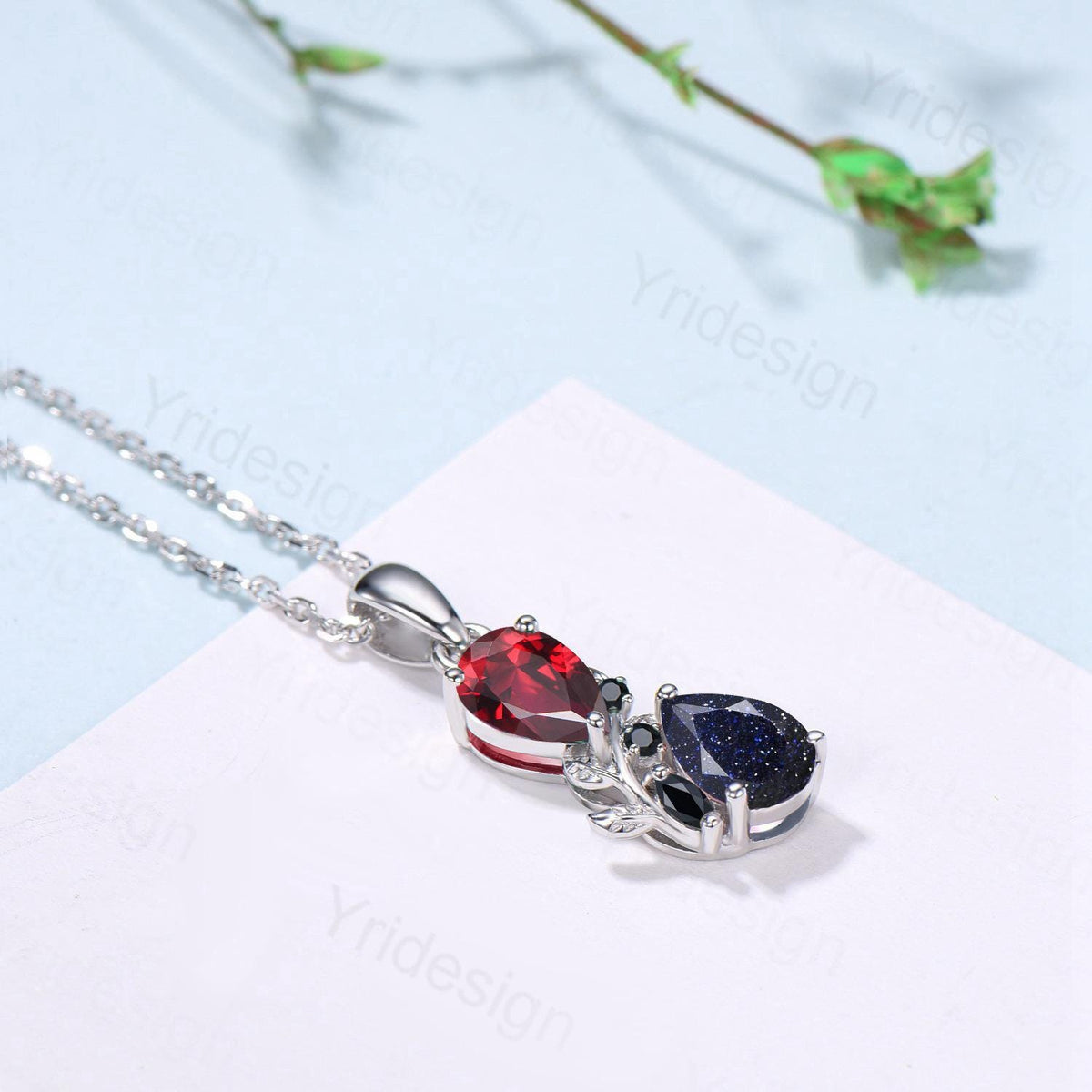 Nature Inspired Blue Sandstone Garnet Pendant Necklace Women Unique Alternative Black Onyx Stud Earrings Branch Snake pear shaped bridal set