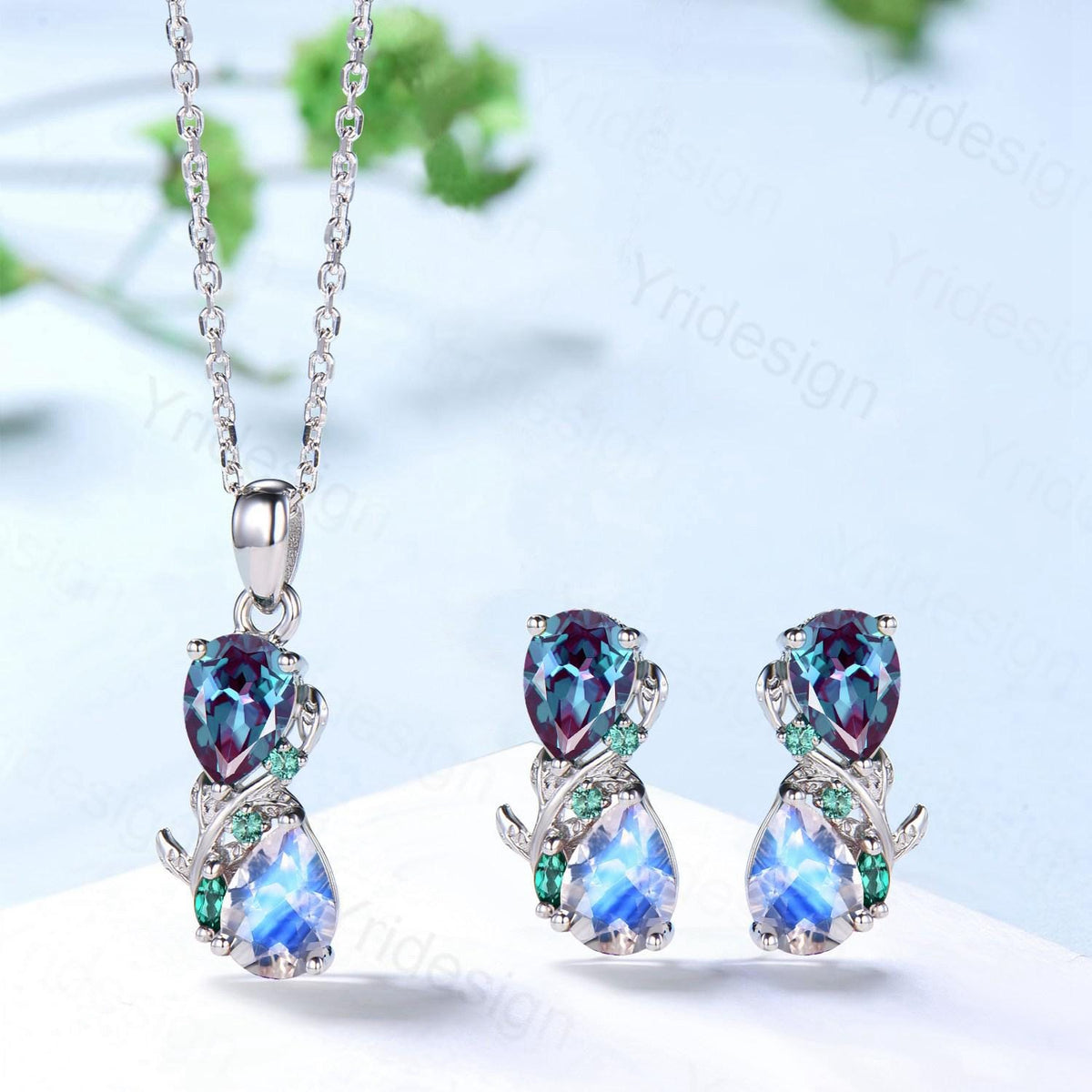 Nature Inspired Pear Shaped Alexandrite Moonstone Pendant Necklace Unique Emerald June Birthstone Stud Earrings Branch Snake Promise Gift