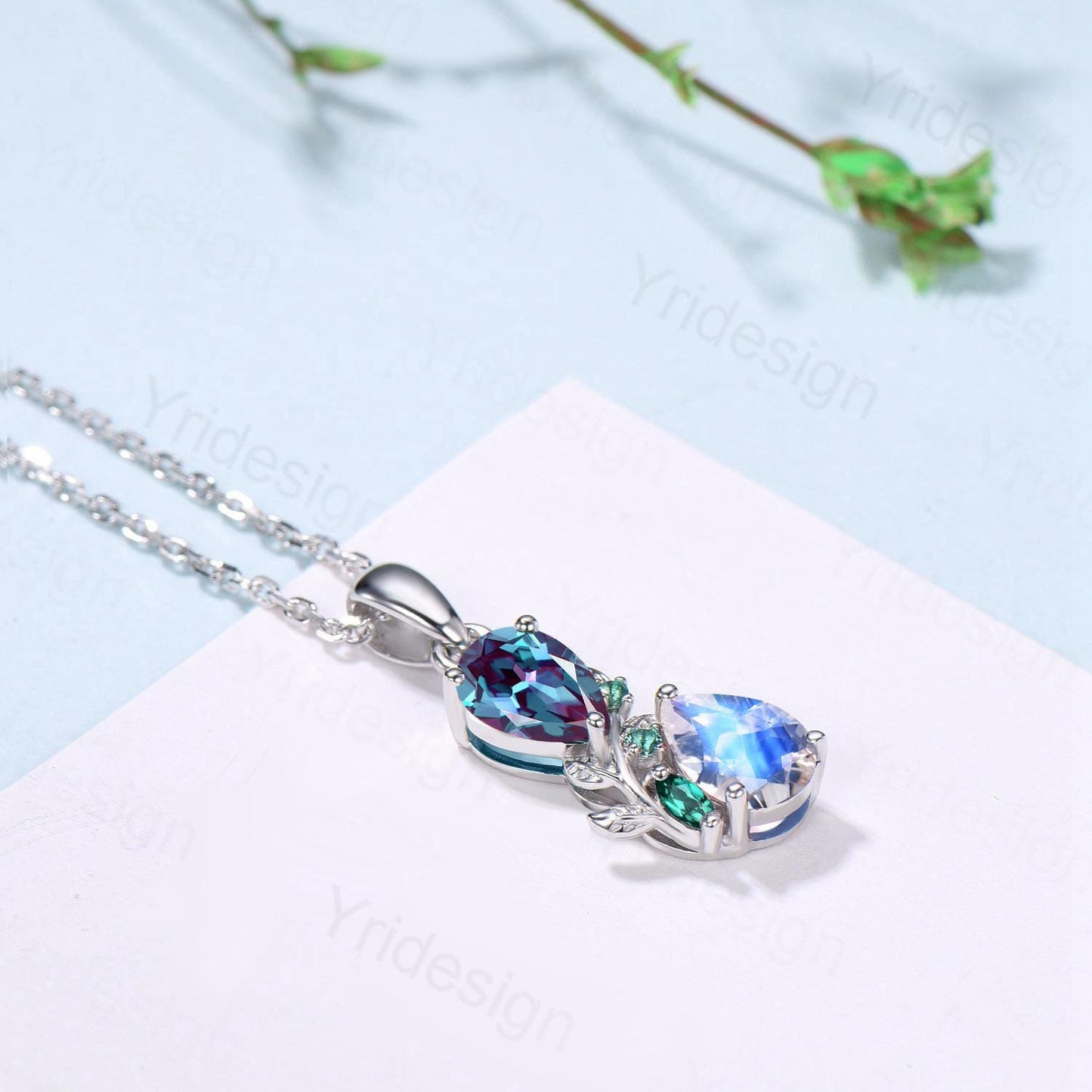 Nature Inspired Pear Shaped Alexandrite Moonstone Pendant Necklace Unique Emerald June Birthstone Stud Earrings Branch Snake Promise Gift