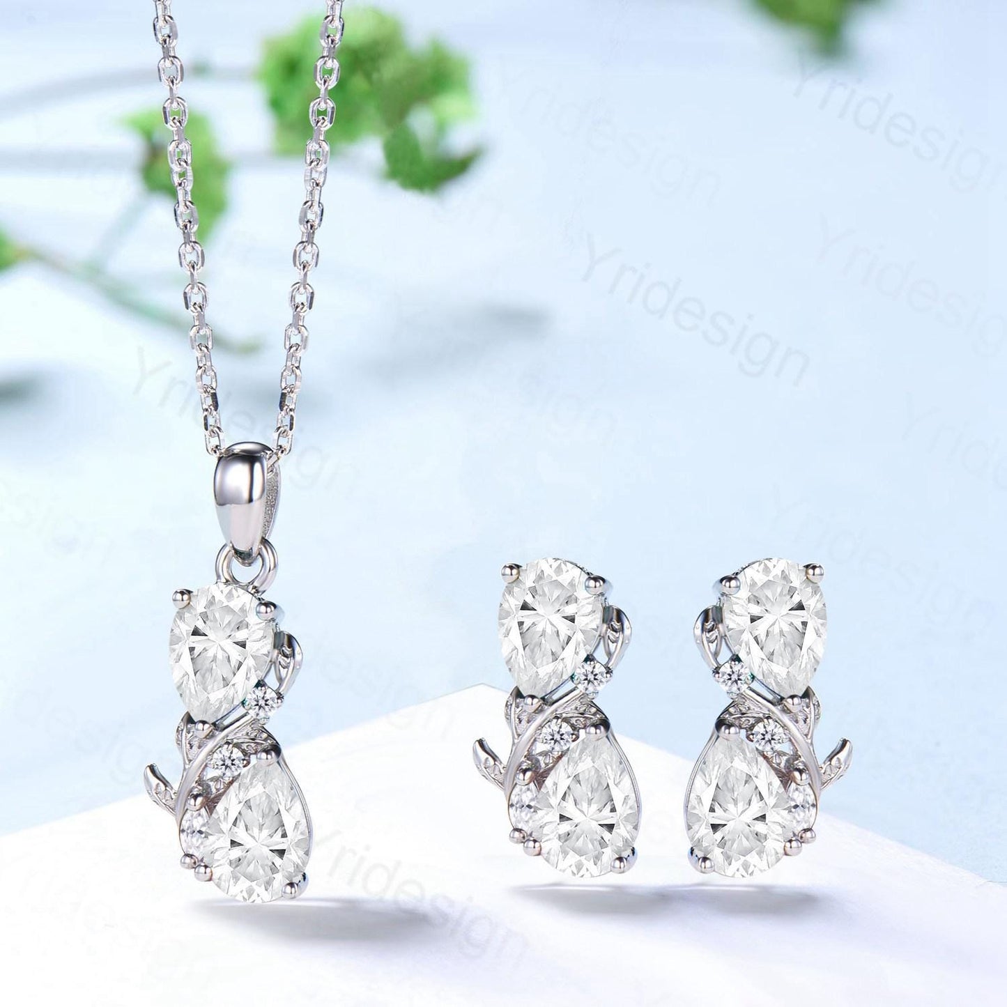 Nature Inspired Pear Shaped Moissanite Necklace Pendant Unique Moissanite Stud Earrings Branch Snake Leaf Vine Wedding Set Promise Gifts