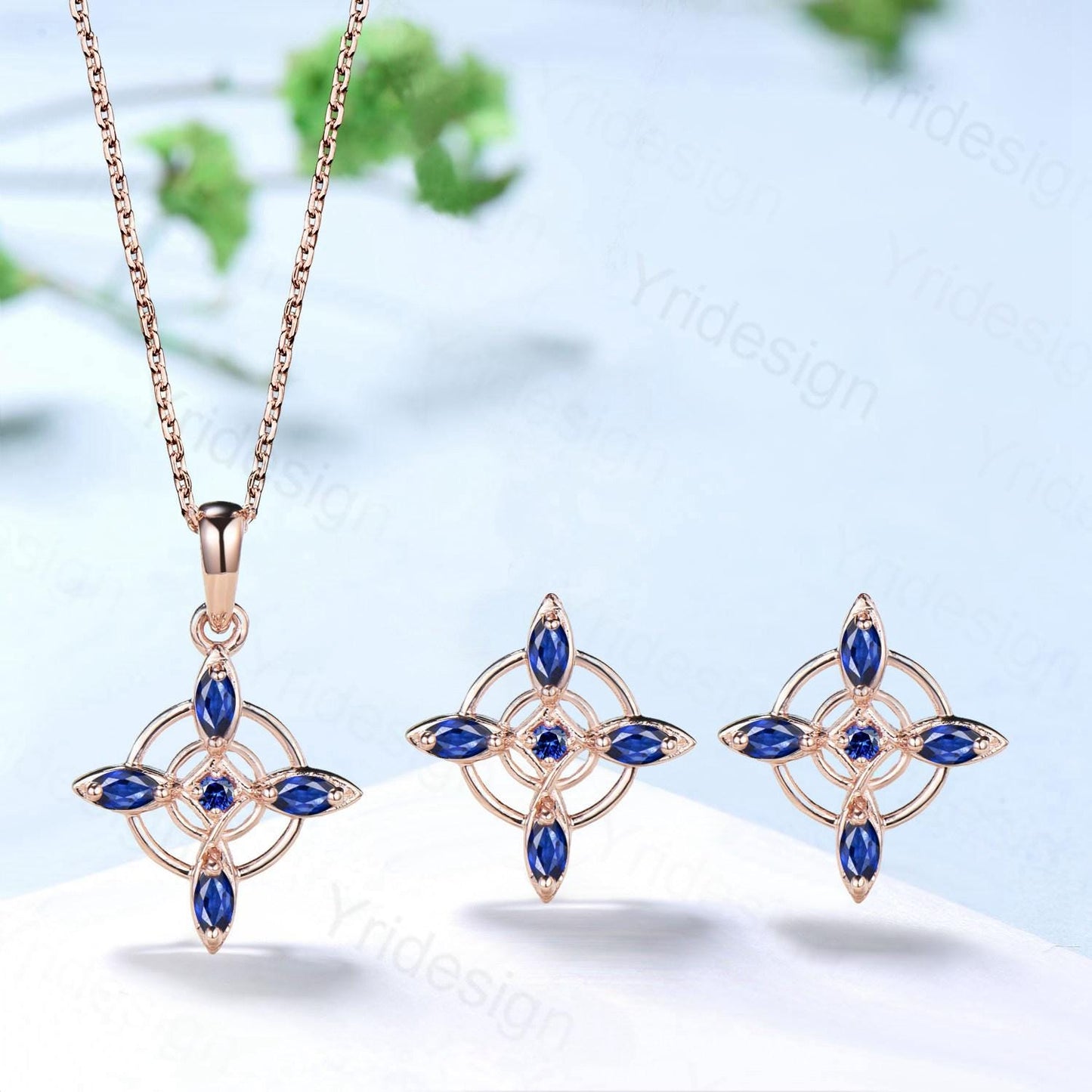 Unique Marquise Cut Blue Sapphire Necklace and Earring Double Loop September Stud Earring Silver Rose Gold Celtic Love Jewelry Wedding Sets