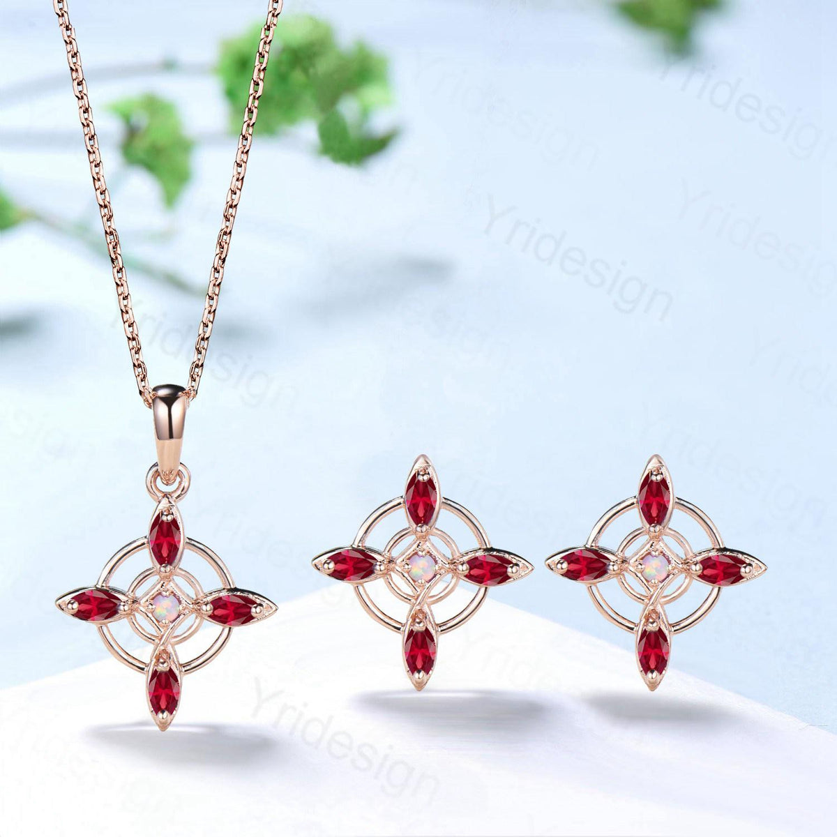 Unique Marquise Cut Red Ruby Necklace and Earring Double Loop July Birthstone Stud Earring Silver Rose Gold Celtic Love Jewelry Wedding Sets