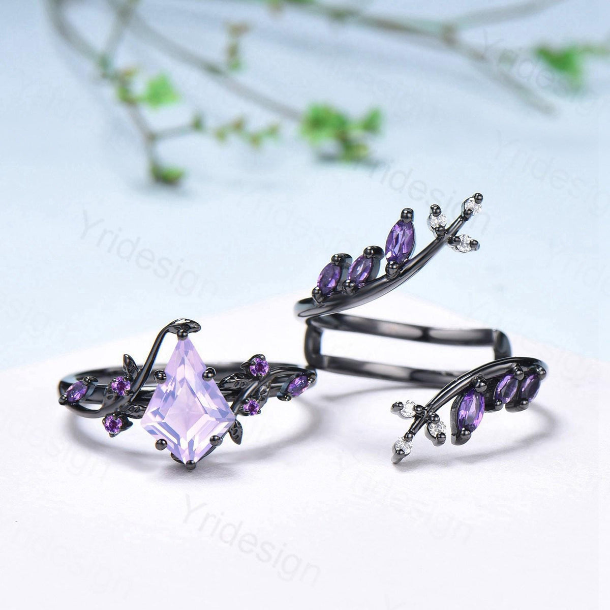 Unique Cage Leafy Lavender Amethyst Wedding Ring Set Nature Inspired Kite Cut Amethyst Engagement Ring Set Black Gold Knight 2Pcs Bridal Set