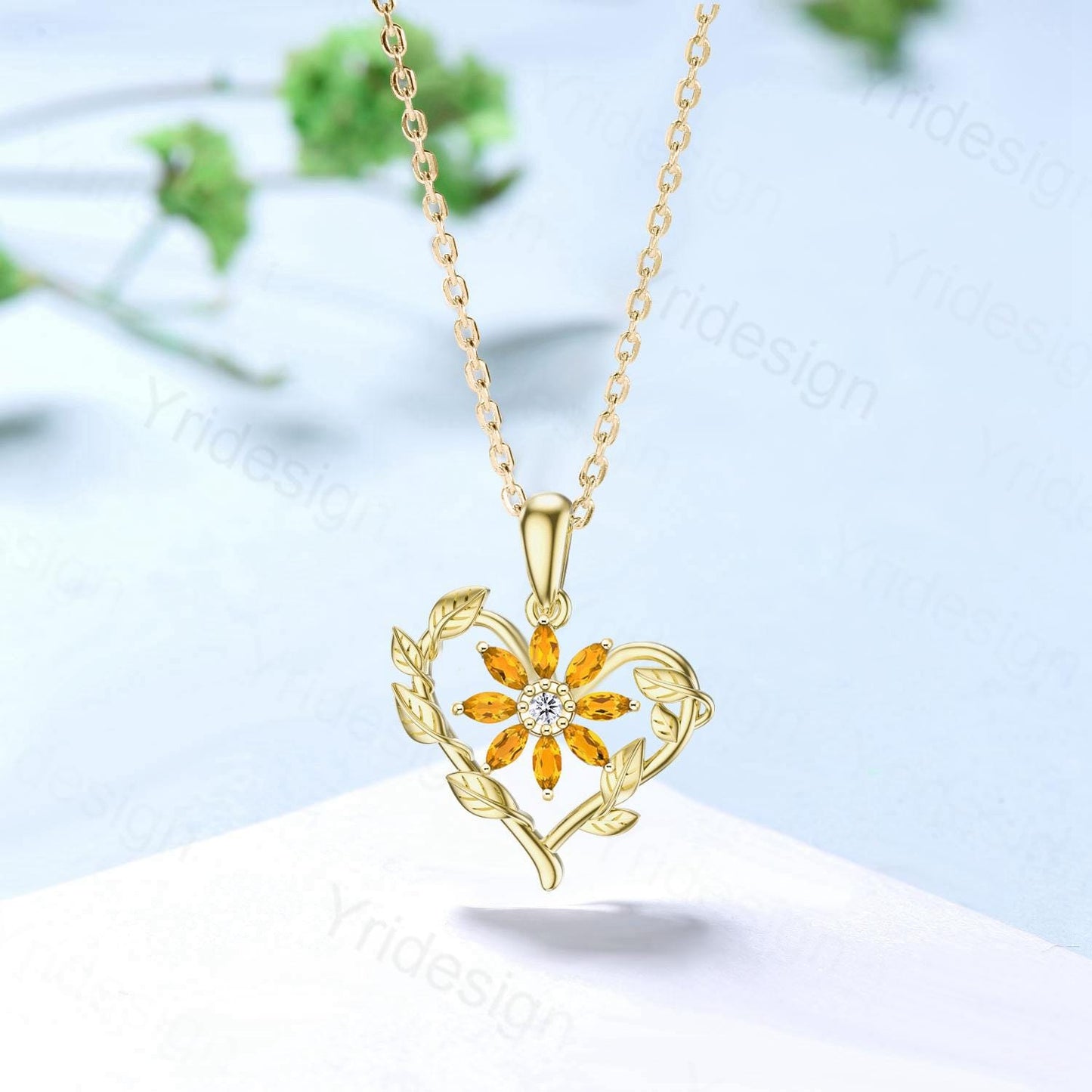 Unique Sunflower Citrine Necklace Elegant Natural Inspired Floral Necklace Pendant Leaf Vine Anniversary Gift Art Deco Silver Necklace Women