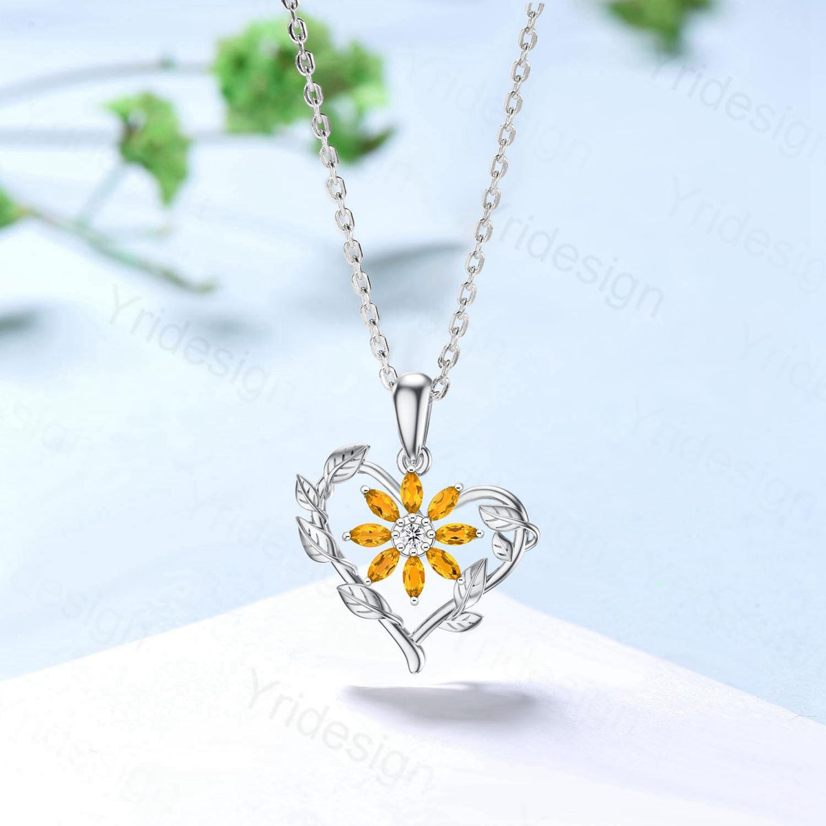 Unique Sunflower Citrine Necklace Elegant Natural Inspired Floral Necklace Pendant Leaf Vine Anniversary Gift Art Deco Silver Necklace Women