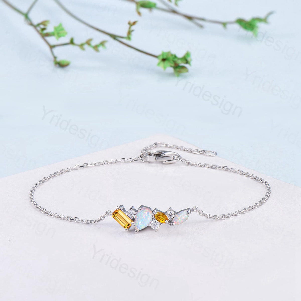Elegant Teardrop White Opal Bracelet Multi-Stone Baguette Marquise Citrine Moissanite Lobster Claw Silver Bracelet Anniversary Promise Gift