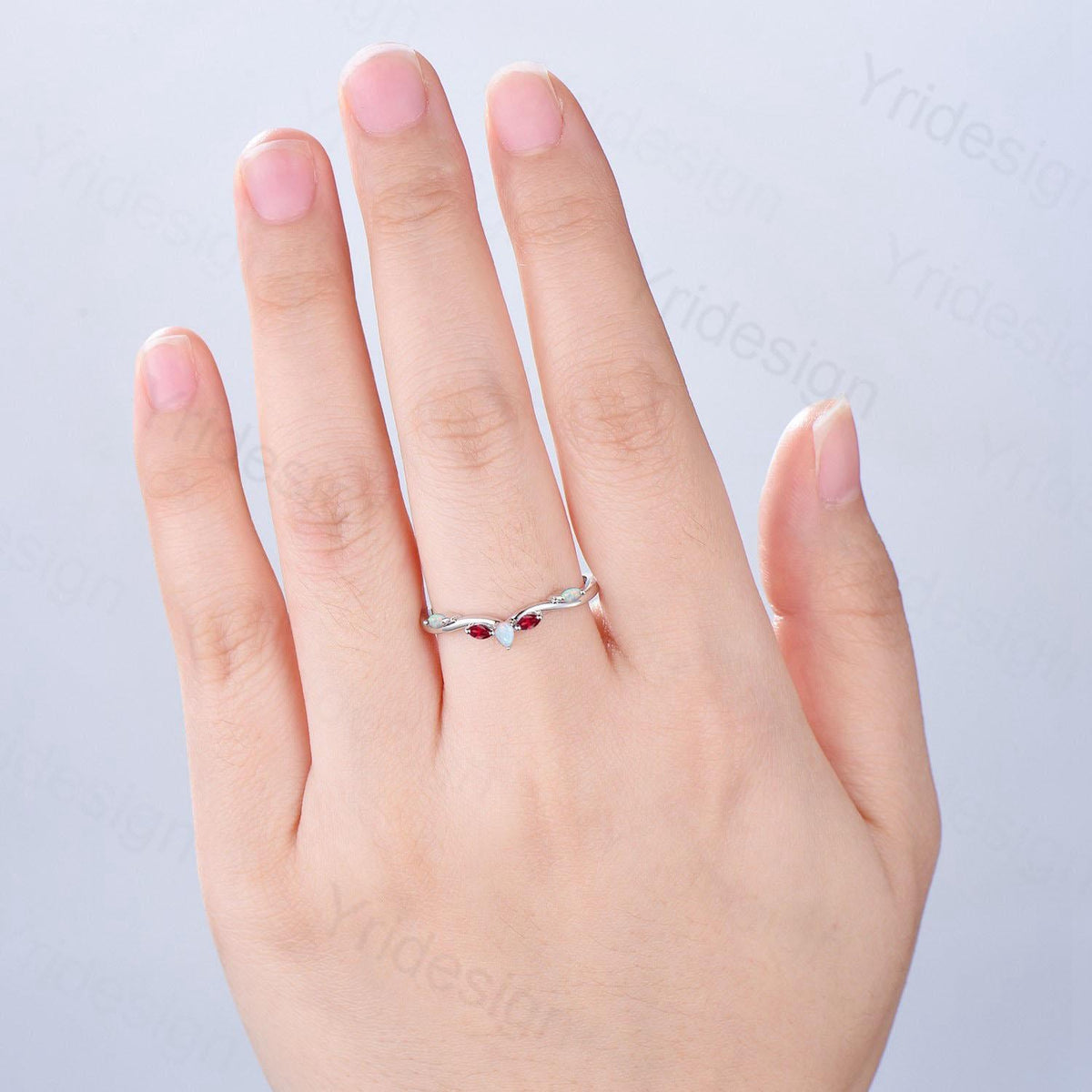 Vintage Fire Opal Ruby Wedding Band Women Unique Teardrop White Opal Stackable Ring Marquise Ruby Curved Matching Band Anniversary Gift