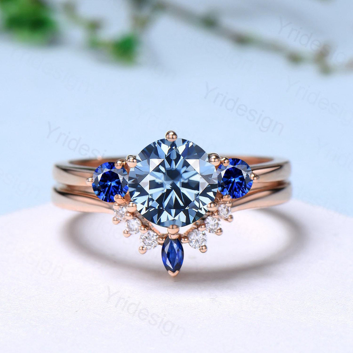 Three stone blue moissanite engagement ring set sapphire crown wedding set vintage rose gold bridal set couple anniversary promise ring gift