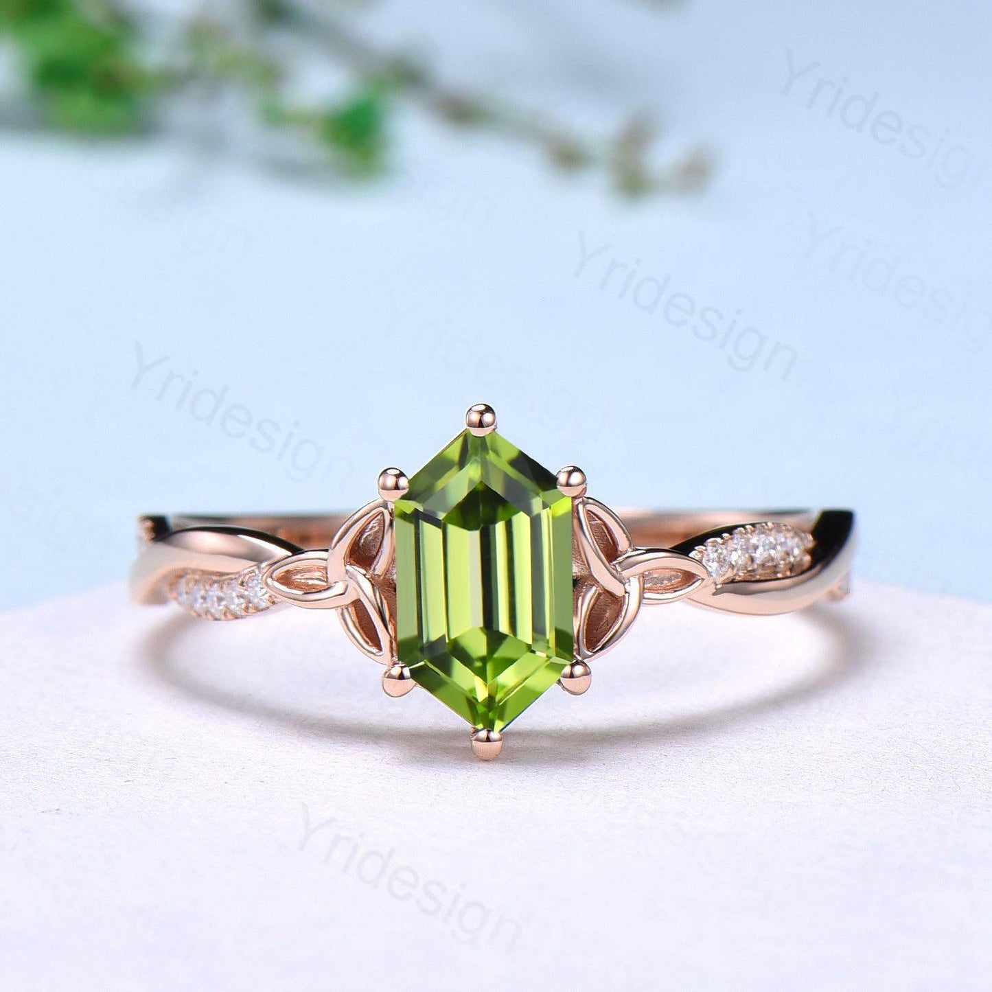Elongated Hexagon Cut Peridot Diamond Engagement Ring Norse Viking Split Shank Wedding Ring August Birthstone Anniversary Promise Ring Gift