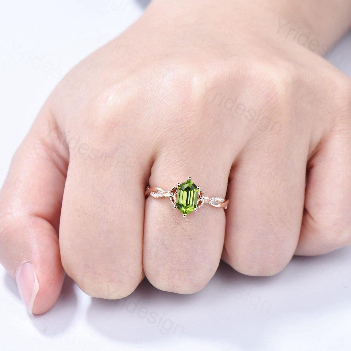 Elongated Hexagon Cut Peridot Diamond Engagement Ring Norse Viking Split Shank Wedding Ring August Birthstone Anniversary Promise Ring Gift