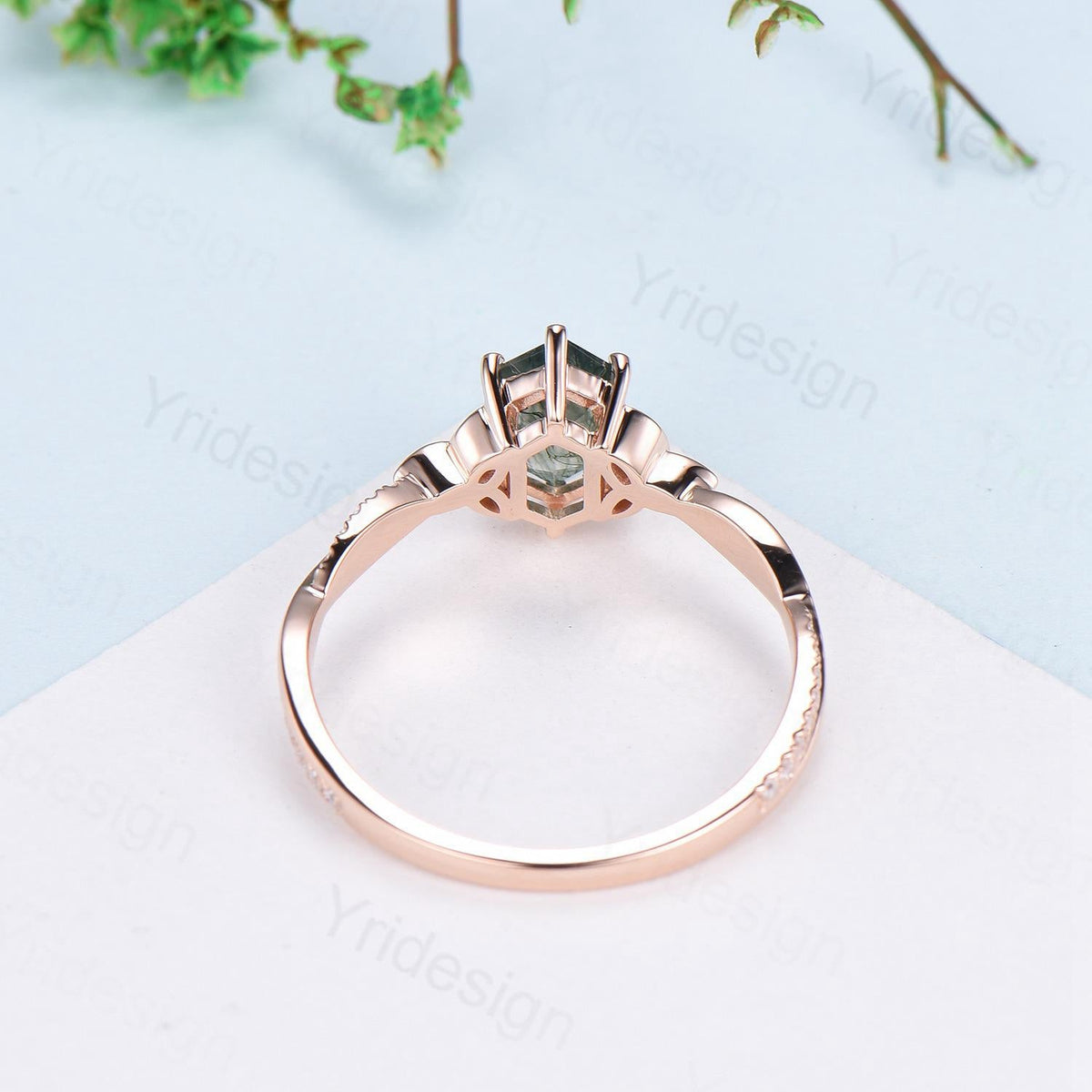 Elongated Hexagon Cut Peridot Diamond Engagement Ring Norse Viking Split Shank Wedding Ring August Birthstone Anniversary Promise Ring Gift