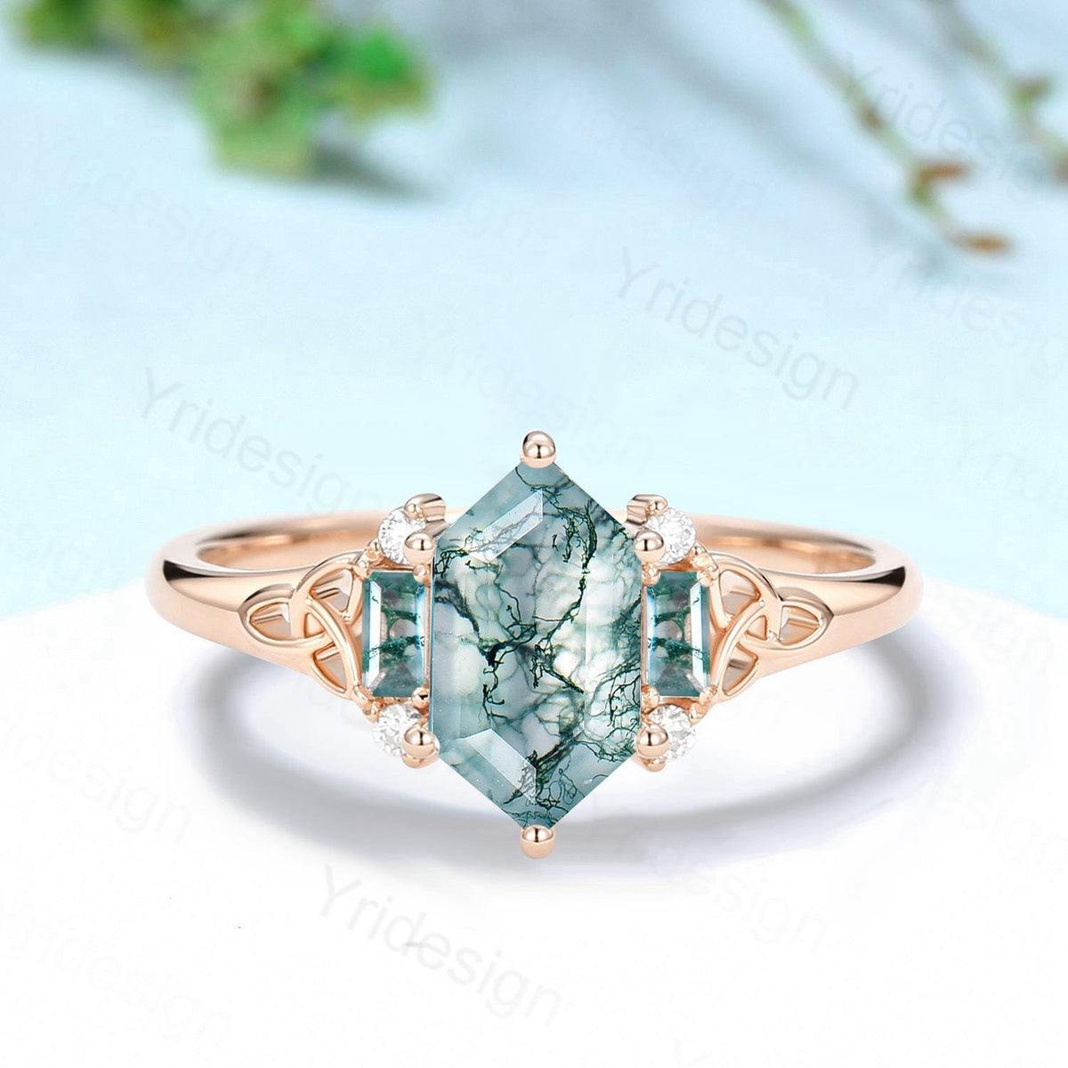 Unique Celtic Knot Long Hexagon Cut Moss Agate Engagement Ring Unique Norse Viking Cluster Baguette Agate Wedding Ring Anniversary gifts