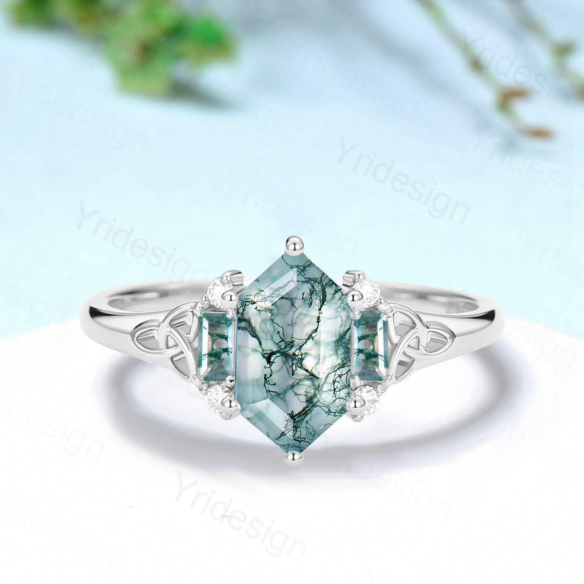 Unique Celtic Knot Long Hexagon Cut Moss Agate Engagement Ring Unique Norse Viking Cluster Baguette Agate Wedding Ring Anniversary gifts