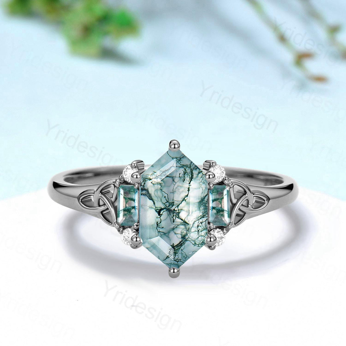 Unique Celtic Knot Long Hexagon Cut Moss Agate Engagement Ring Unique Norse Viking Cluster Baguette Agate Wedding Ring Anniversary gifts