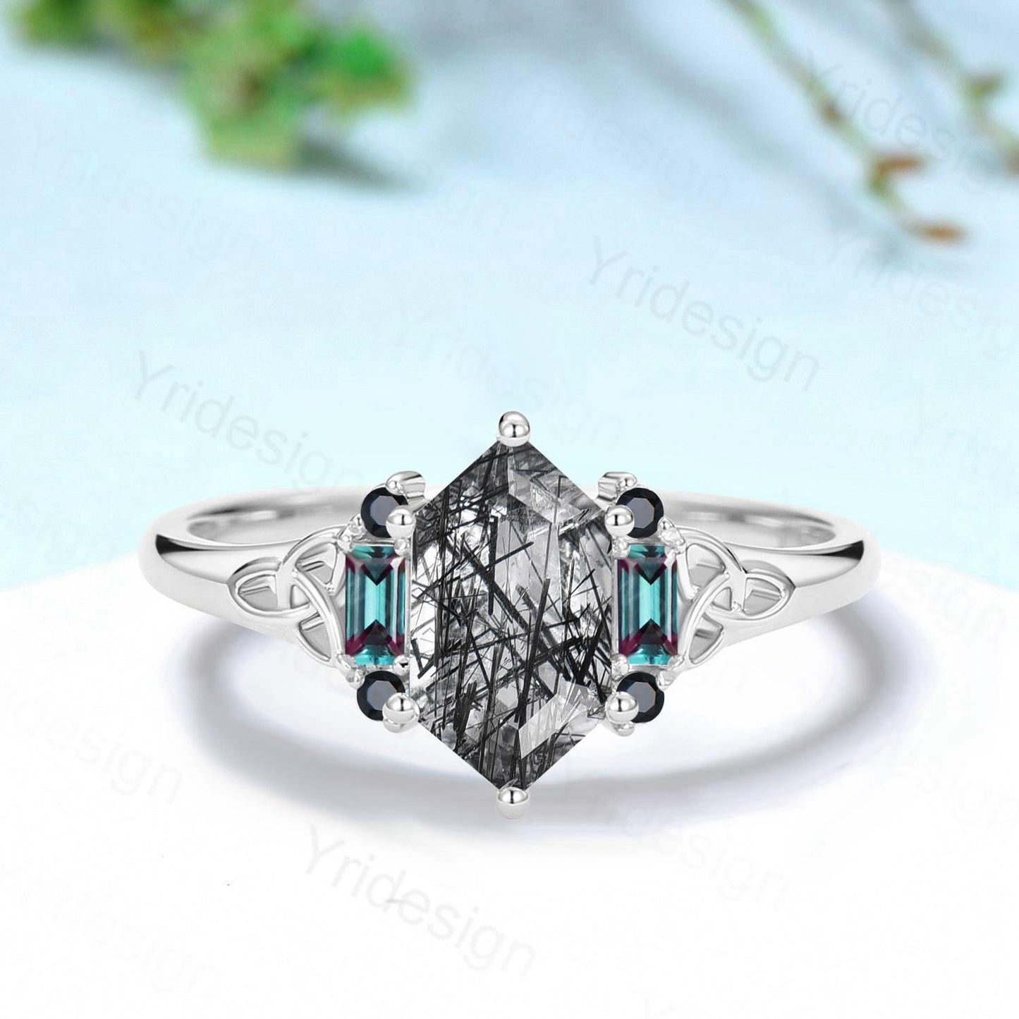 Unique Long Hexagon Cut Black Rutilated Quartz Ring Engagement Ring Norse Viking Cluster Baguette Alexandrite Wedding Ring Anniversary gifts