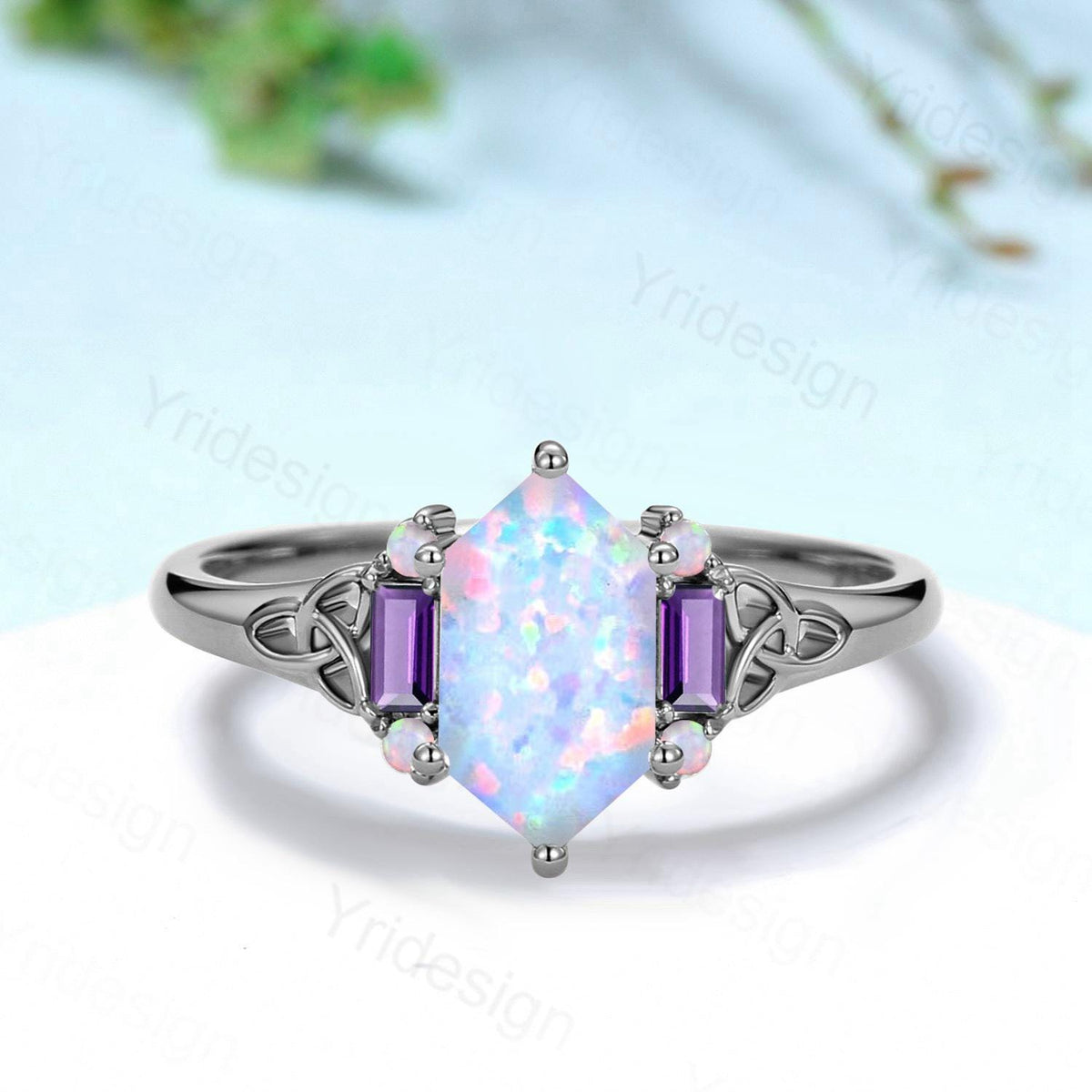 Unique Celtic Knot Long Hexagon Cut White Opal Engagement Ring Unique Norse Viking Cluster Baguette Amethyst Wedding Ring Anniversary gifts