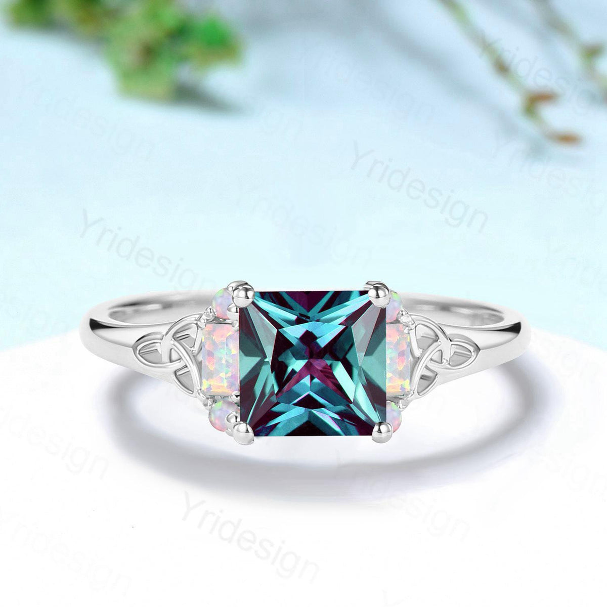 Unique Celtic Knot Princess Cut Alexandrite Engagement Ring Norse Viking Cluster Baguette Opal Alexandrite Wedding Ring Anniversary gifts