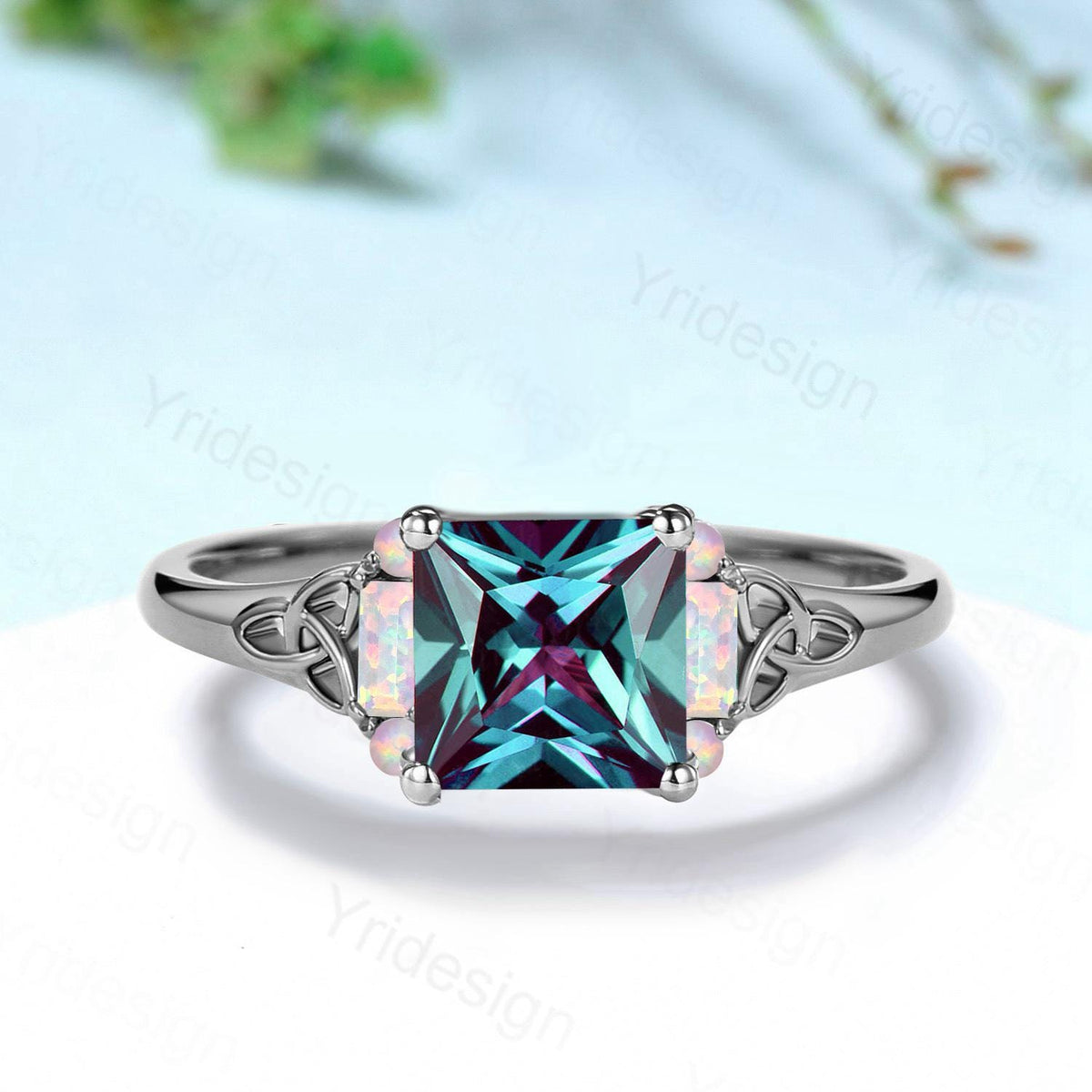 Unique Celtic Knot Princess Cut Alexandrite Engagement Ring Norse Viking Cluster Baguette Opal Alexandrite Wedding Ring Anniversary gifts
