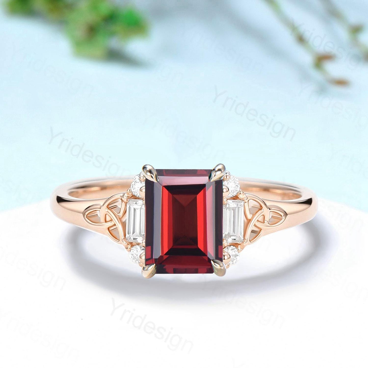 Celtic Knot Emerald Cut Garnet Engagement Ring Norse Viking Cluster Baguette Moissanite Wedding Ring January Birthstone Anniversary gifts