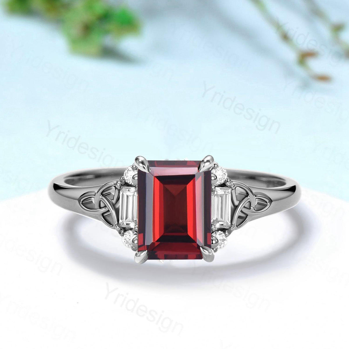 Celtic Knot Emerald Cut Garnet Engagement Ring Norse Viking Cluster Baguette Moissanite Wedding Ring January Birthstone Anniversary gifts