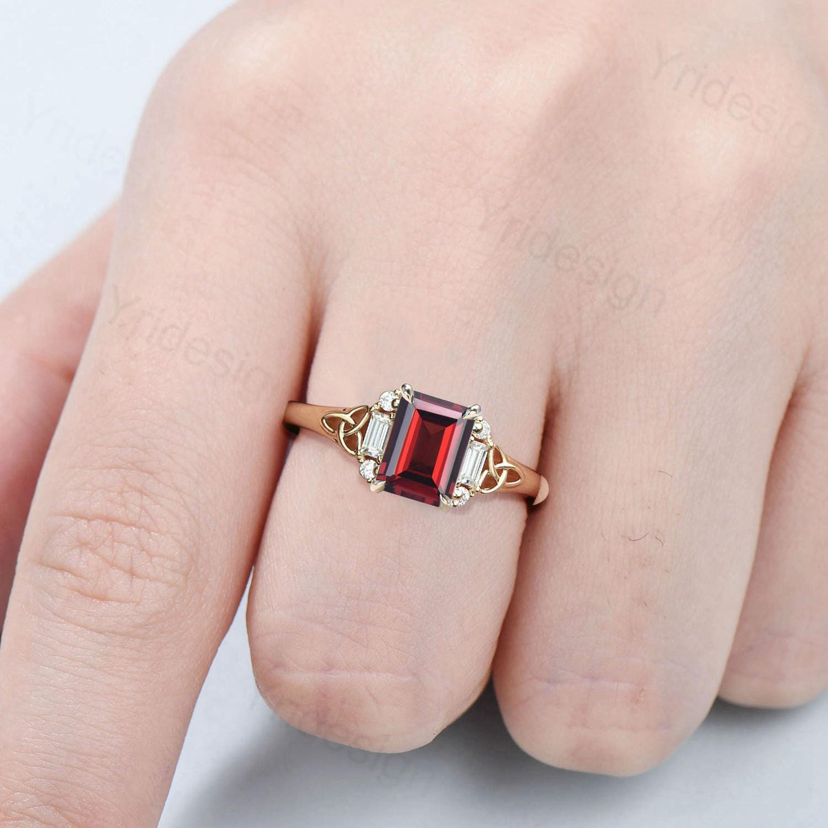Celtic Knot Emerald Cut Garnet Engagement Ring Norse Viking Cluster Baguette Moissanite Wedding Ring January Birthstone Anniversary gifts
