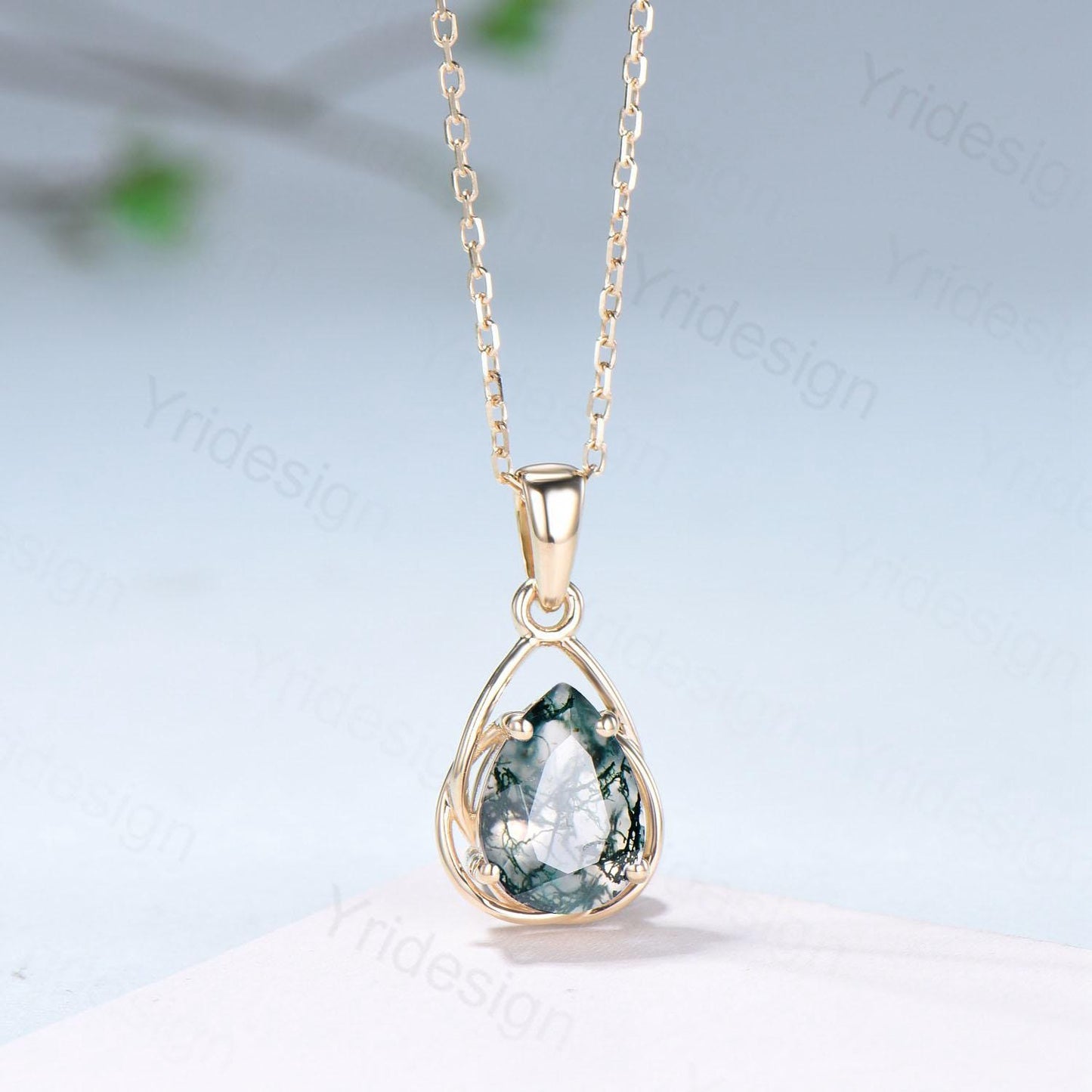 Celtic Knot Pear shaped natural moss agate necklace solid 14k 18k yellow gold vintage unique Personalized pendant promise anniversary gift