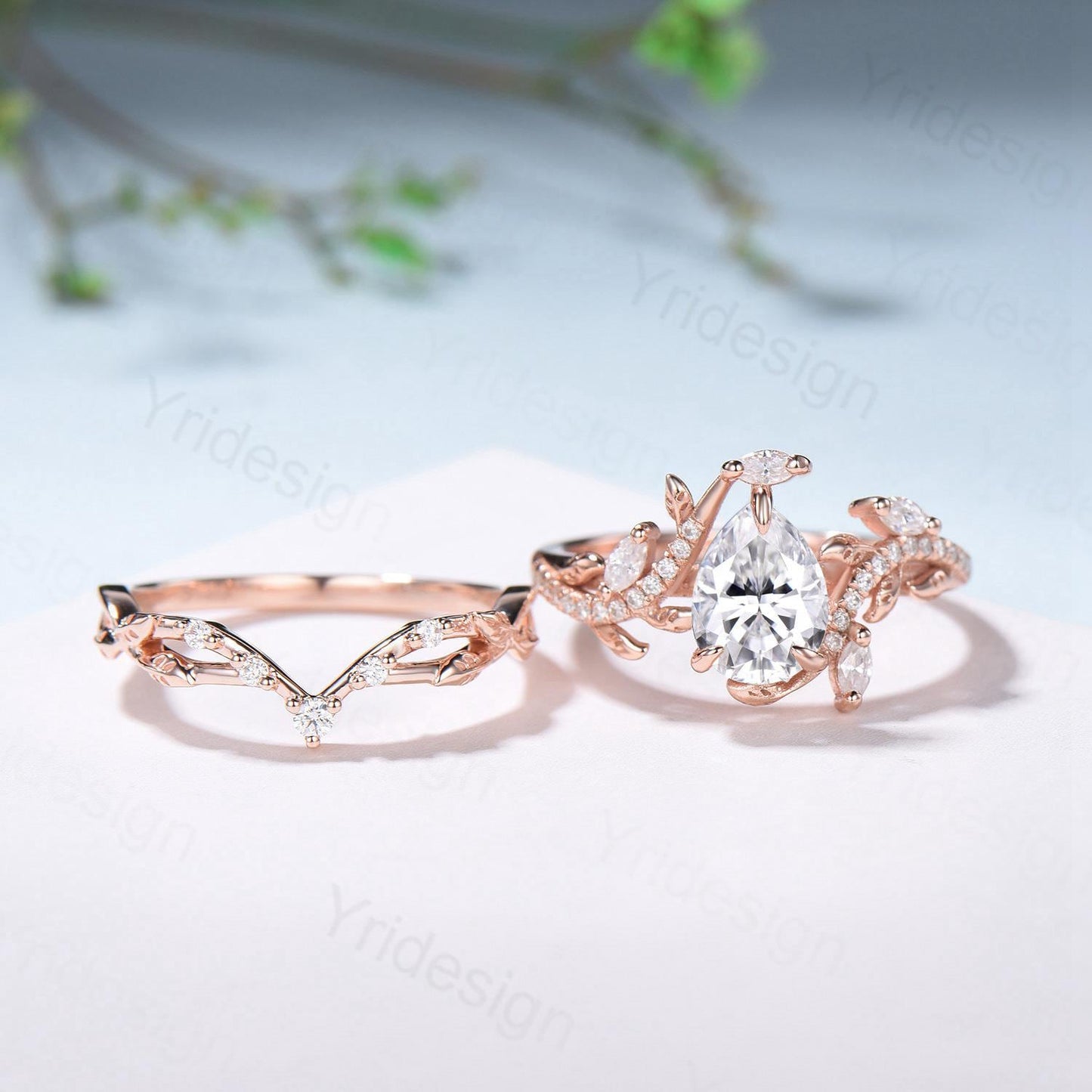 Vintage Pear Diamond Engagement Ring Set Nature Inspired Moissanite Wedding Ring Set 14k Rose Gold 2pcs Snake CVD Diamond Bridal Set Women