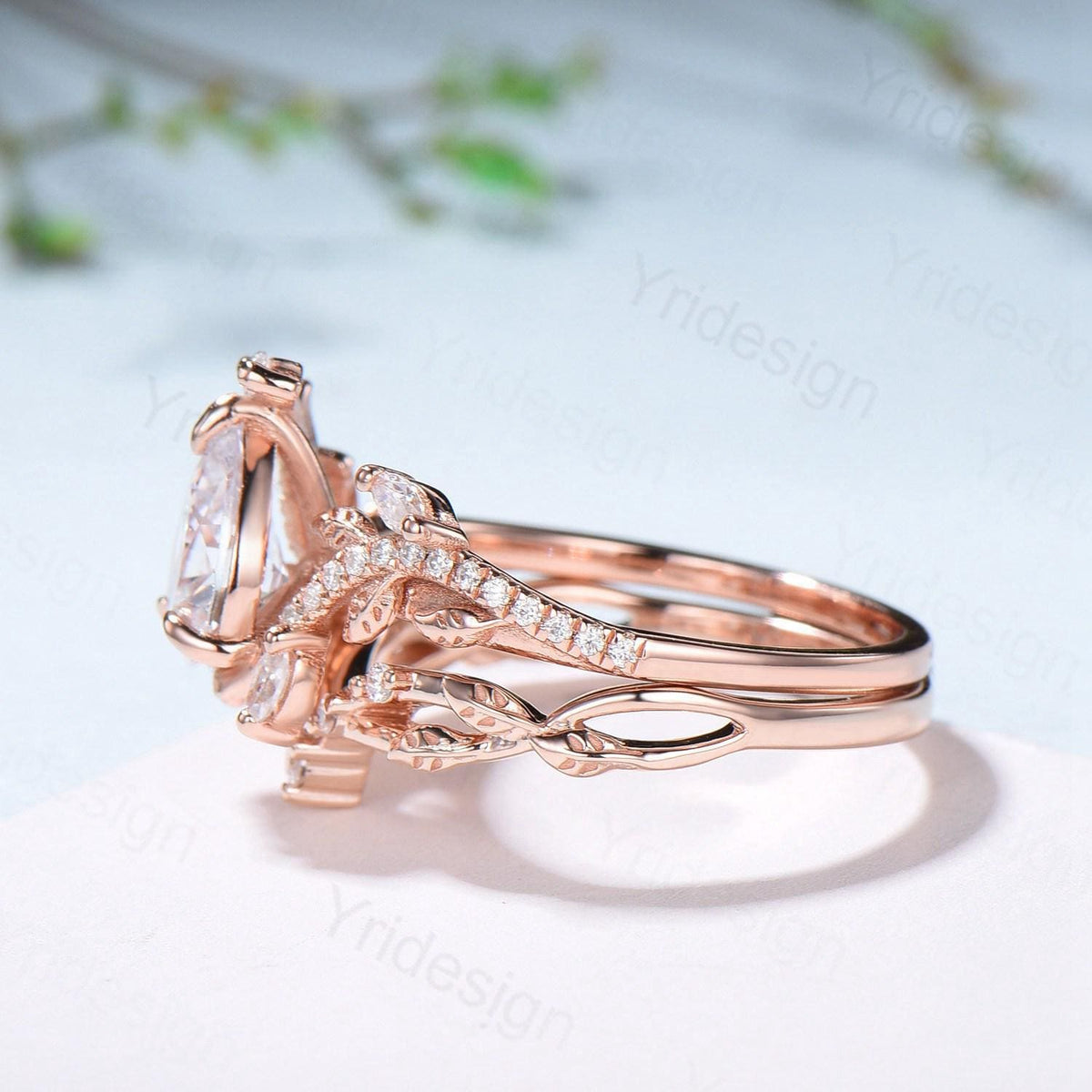 Vintage Pear Diamond Engagement Ring Set Nature Inspired Moissanite Wedding Ring Set 14k Rose Gold 2pcs Snake CVD Diamond Bridal Set Women