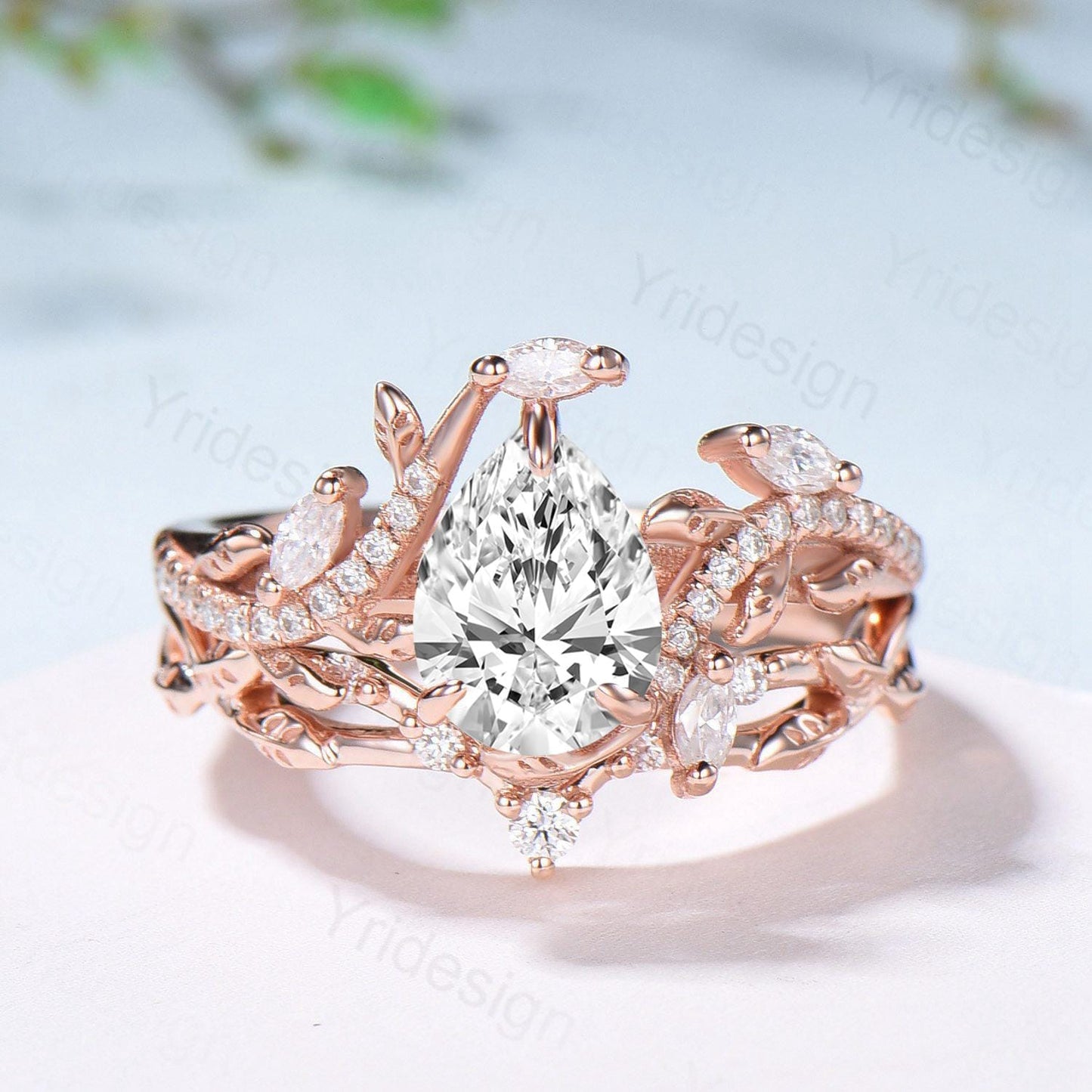 Vintage Pear Diamond Engagement Ring Set Nature Inspired Moissanite Wedding Ring Set 14k Rose Gold 2pcs Snake CVD Diamond Bridal Set Women